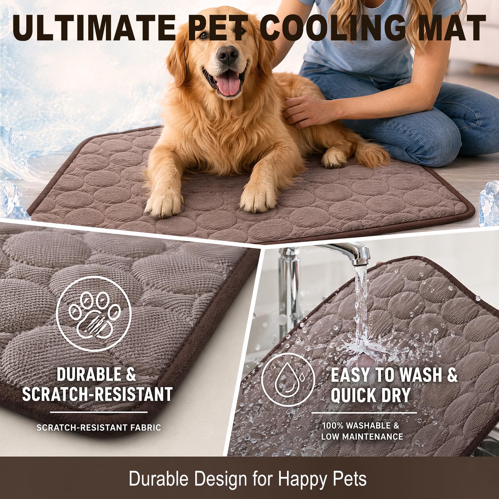 Yuragim Kühlmatte für Hunde Groß, Selbstkühlende Hundematte Sommer 100x70 cm, Kühldecke für Hunde und Katzen, Waschbar Kühlkissen, rutschfeste Hundematte Kühlend für Zuhause Auto Reise, Braun