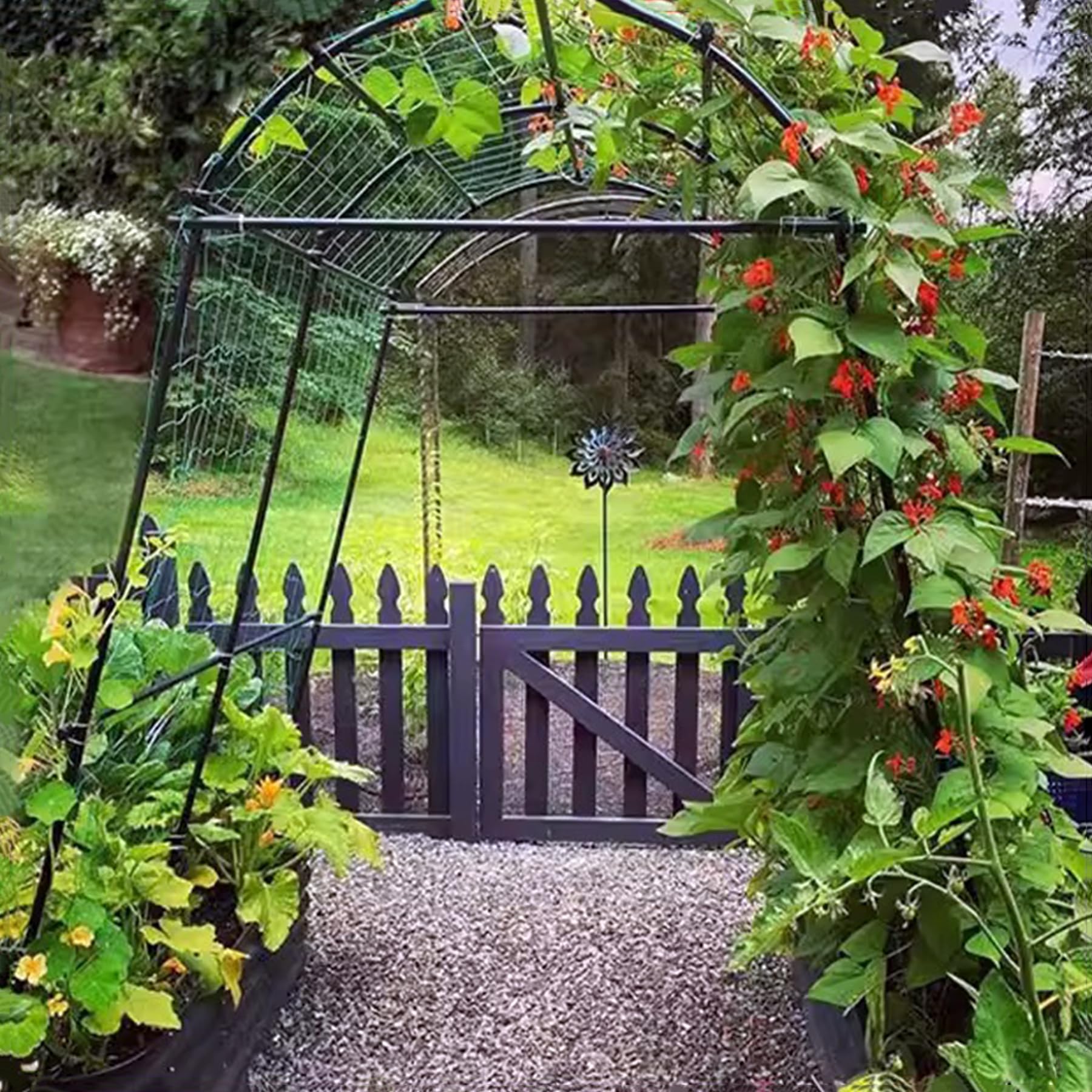 Treillis pour Concombres et Tomates 124 x 220 cm, Support pour Plantes Grimpantes avec Filet et Pinces, Tuteur en Métal Extérieur pour Légumes, Fleurs et Plantes Fruitières