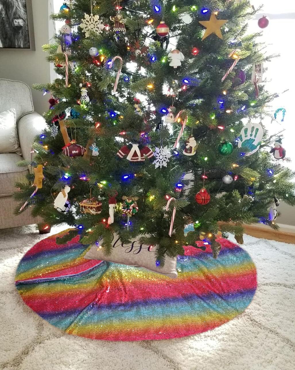 Sequin Tree Skirt Rainbow 24 Inch Round Christmas Tree Decoration Xmas Tree Skirt Wedding Party Decor Glitter Tree Skirt Tree Skirt for Christmas (24 Inch, Rainbow)