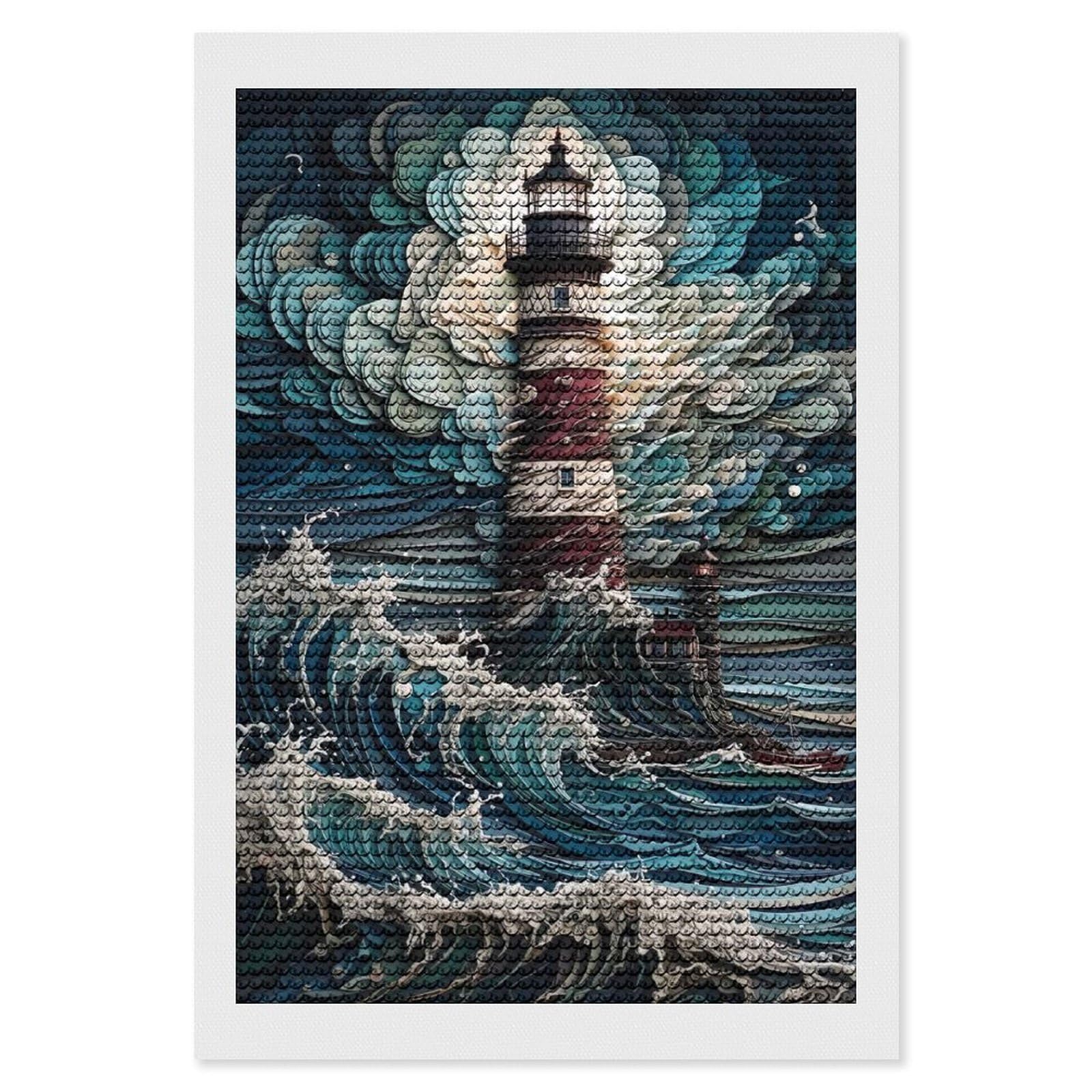 Junmoney Lighthouse in The Storm DIY Diamond Art Canvas Kit 8"x12", Adhesive Canvas, Easy to Enjoy, Farmhouse Decor, Festive Craft Gift