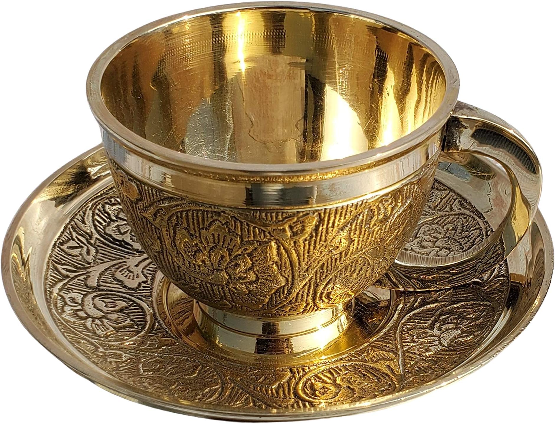 Pure Source India Brass Tea Cup and Saucer Sets – 1 Piece, Gold, 130ml