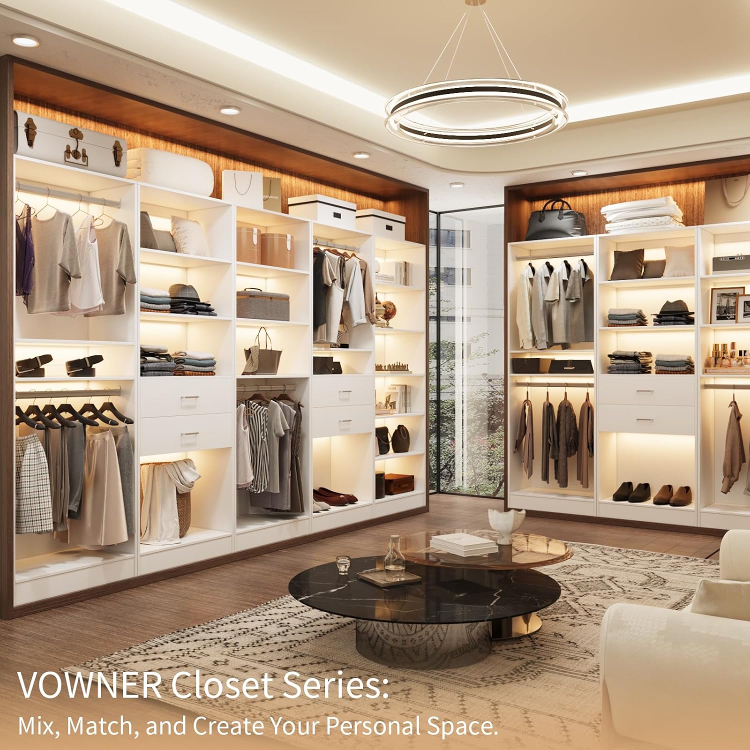 VOWNER 50'' Freestanding Closet System with Drawers & Hanging Rod, Wood Closet Organizer System, Walk-in Closet Shelving Unit, Clothes Garment Rack, Armoire Wardrobe Closet Bedroom Entryway