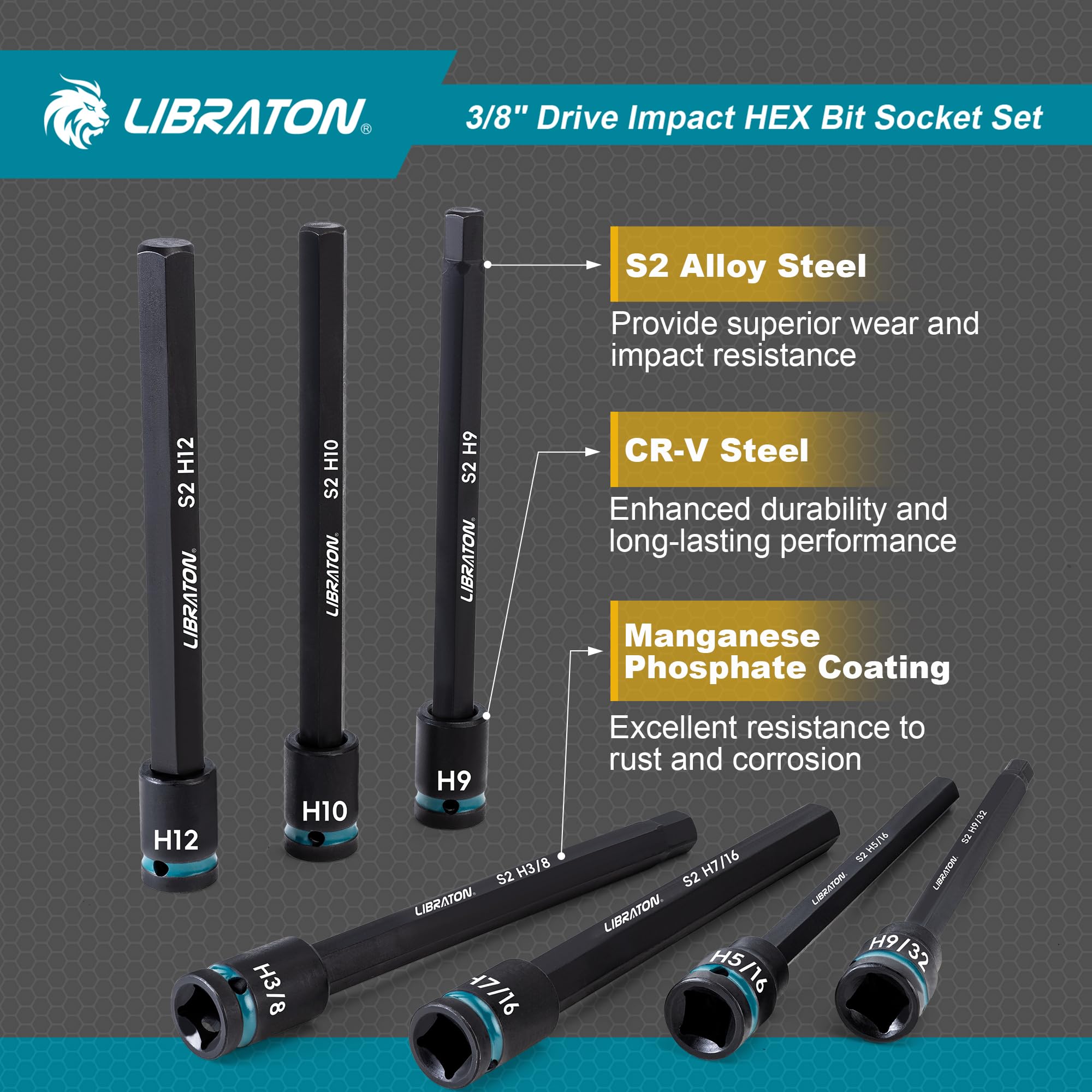 LIBRATON Schlag Nuss Lang 3/8", Sechskant Steckschlüssel, S2-Stahl Sechskant Bit Stecknuss, 20-tlg Bit Steckschlüssel, Sechskant Steckschluesselsatz Metric SAE, 150mm Bits Stecknuss