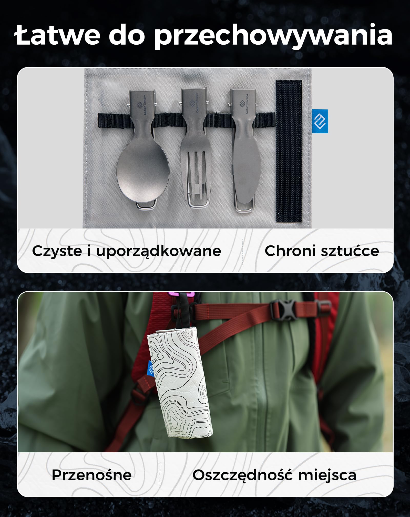 COOK'N'ESCAPE Tytanowe sztućce kempingowe, 3-częściowy zestaw sztućców – składane sztućce z nożem, widelcem, łyżką i torbą do przenoszenia, ultralekkie tytanowe sztućce podróżne do aktywności na