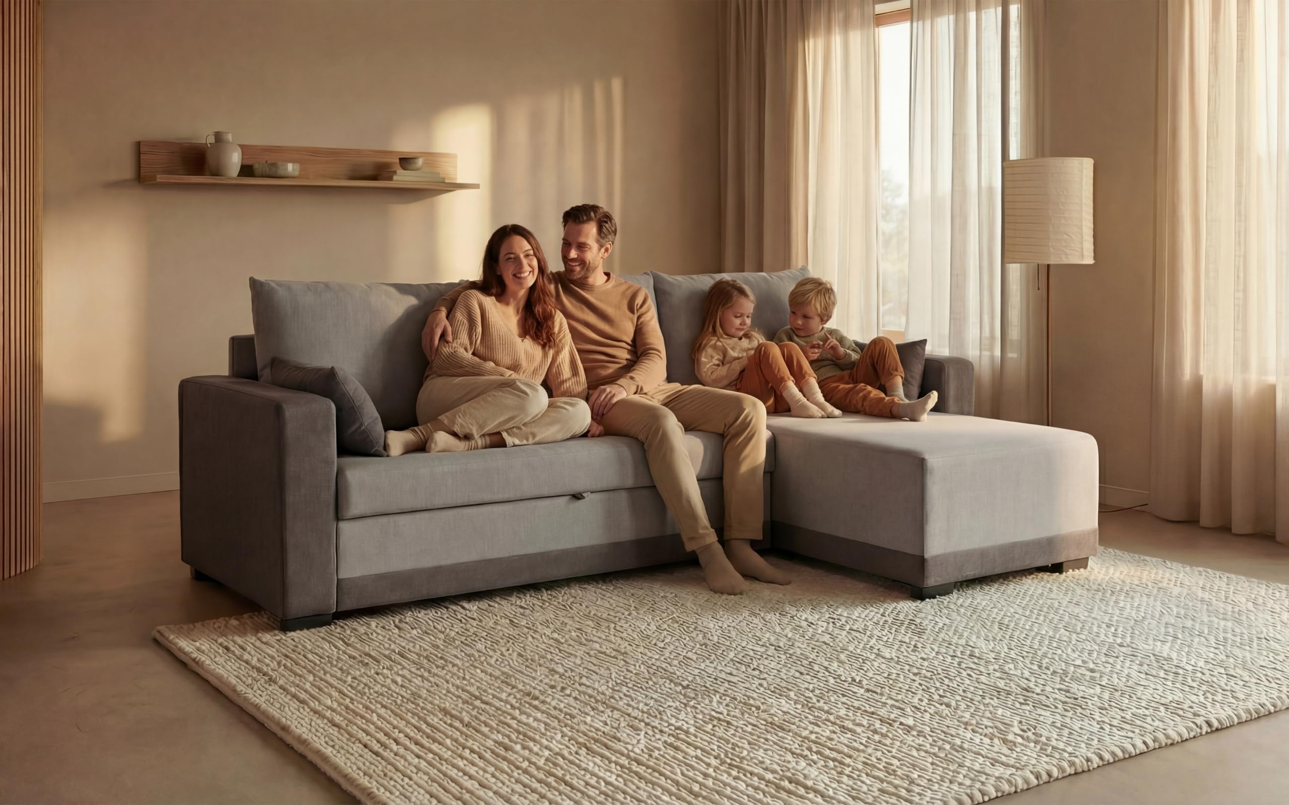 BUDWING Leah, Ecksofa mit Schlaffunktion Zweifarbig Grau – 4-Sitzer – Reversible Chaiselongue, 2 Dekokissen – Polyesterstoff – Modernes Design – 233 cm (Breite) x 124 cm (Tiefe) x 69 cm (Höhe)