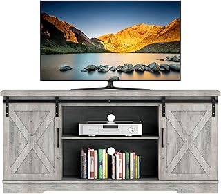 Yartaka Farmhouse Sliding Barn Door TV Stand, Brown TV Stand for 65