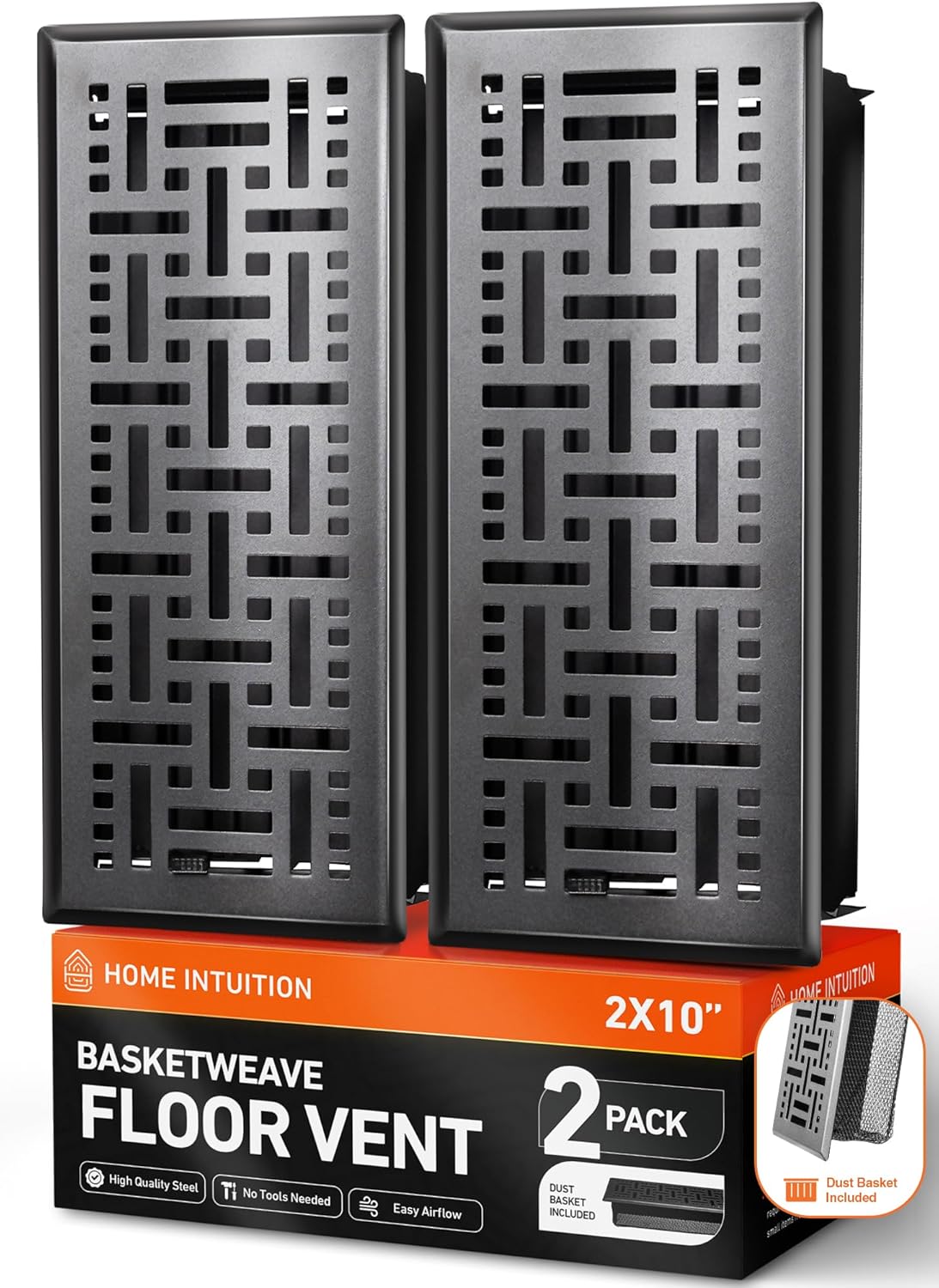 Home Intuition Basketweave Floor Vent Covers 4X10 Inch Floor Register with Mesh Cover Trap Heat and Air Walkable Metal Floor Vent for HVAC Duct, Matte Black, 2-Pack