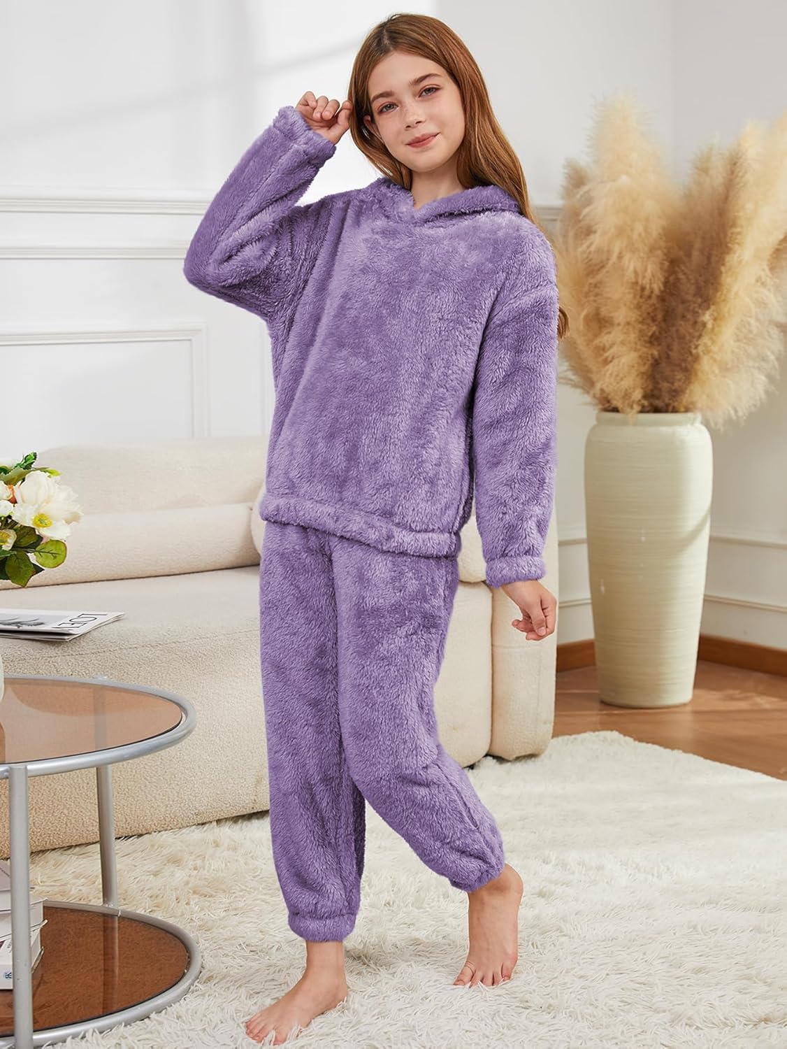 YKR Girls Fuzzy Pants Set Bear Ear Crop Hoodie Fleece Sweatsuit Two Piece Outfit Cute Fluffy Sweatshirt - Image 7