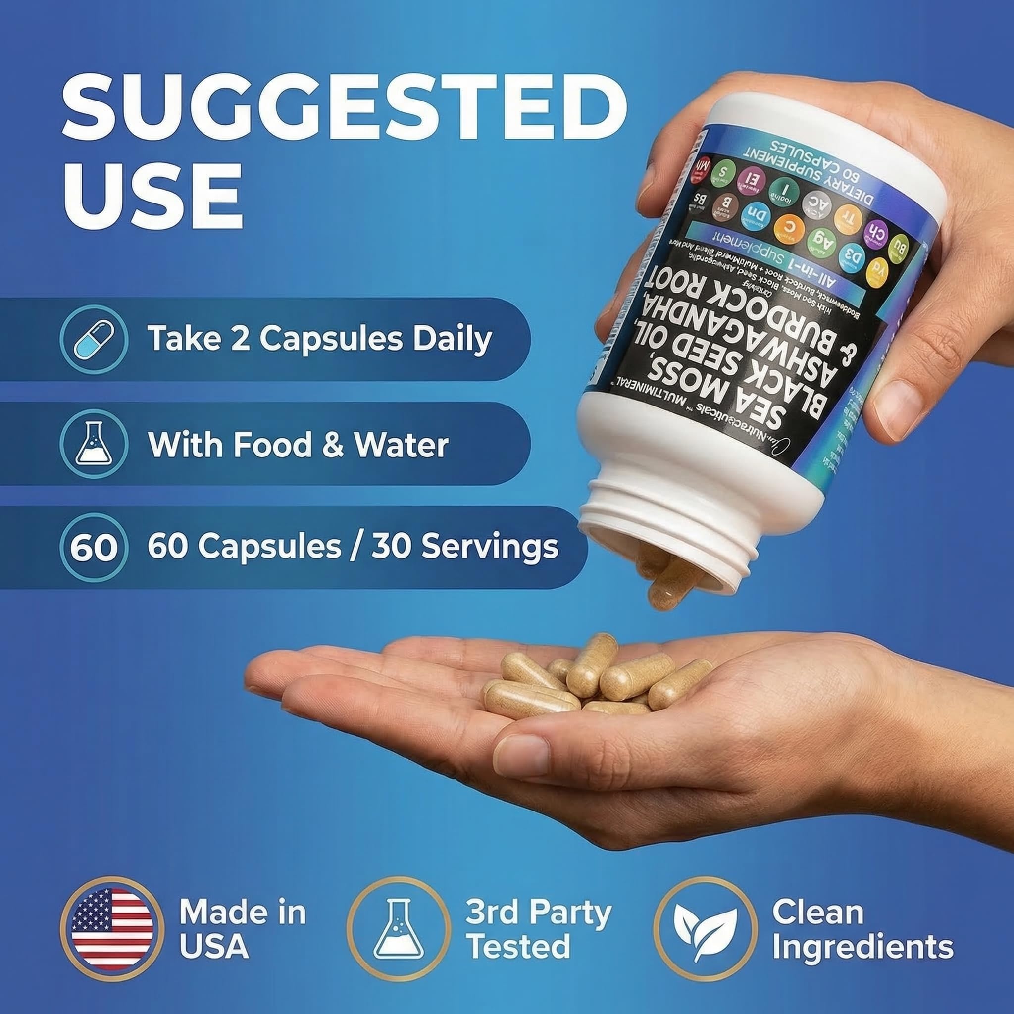 Clean Nutraceuticals Sea Moss Black Seed Oil Ashwagandha Turmeric Bladderwrack Burdock & Vitamin C Vitamin D3 with Elderberry Manuka Dandelion Yellow Dock Iodine Chlorophyll ACV — Amazon image 6