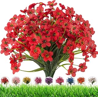 Outdoor Artificial Fake Flowers,24 Bundles UV Resistant Faux Outdoor Plastic Flower Plants for Outside Indoor Decorations(Red)