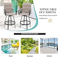 Vista 7 de Vongrasig Juego de 2 Sillas Giratorias de Bar para Patio Exterior, Taburetes de Bar Altos con Textil Tipo Sling Acolchado Resistente a Todo Clima