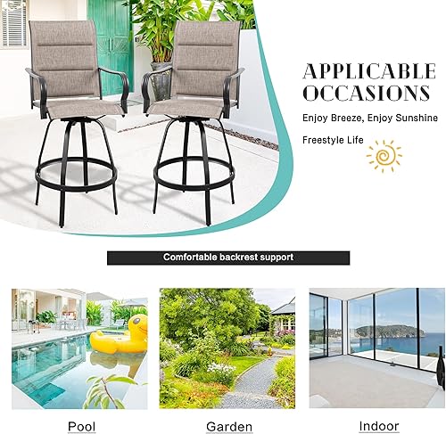 Miniatura 8 de Vongrasig 2 sillas giratorias de bar para patio al aire libre, taburetes acolchados para todo tipo de clima, taburetes de bar de tela alta, juego de