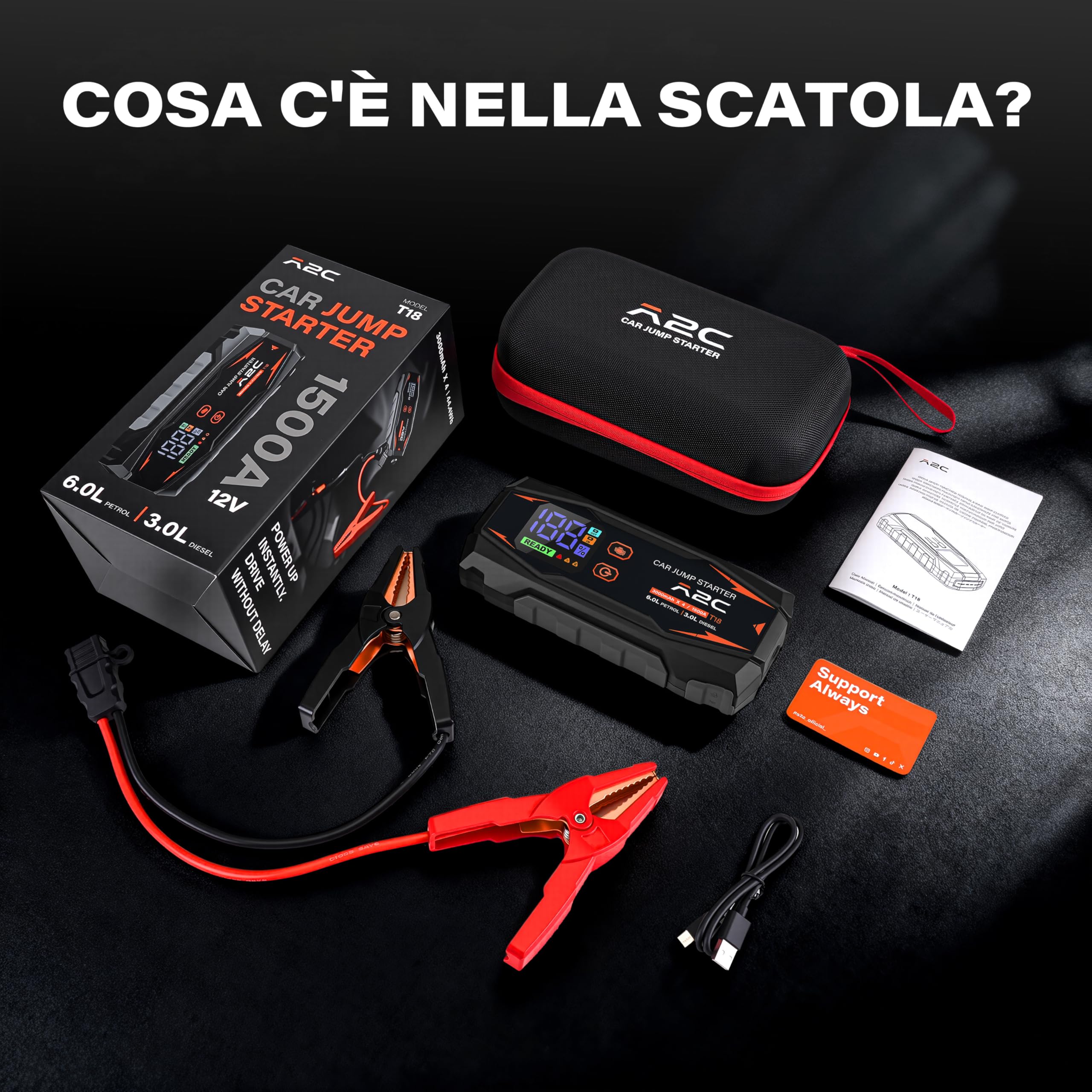 A2C Avviatore Batteria Auto 1500A, 16800mAh/12V per Benzina 6L/Diesel 3L | 3 porte USB-C, ricarica rapida PD/QC 3.0, display LED, pinze di sicurezza intelligenti, include custodia, design compatto