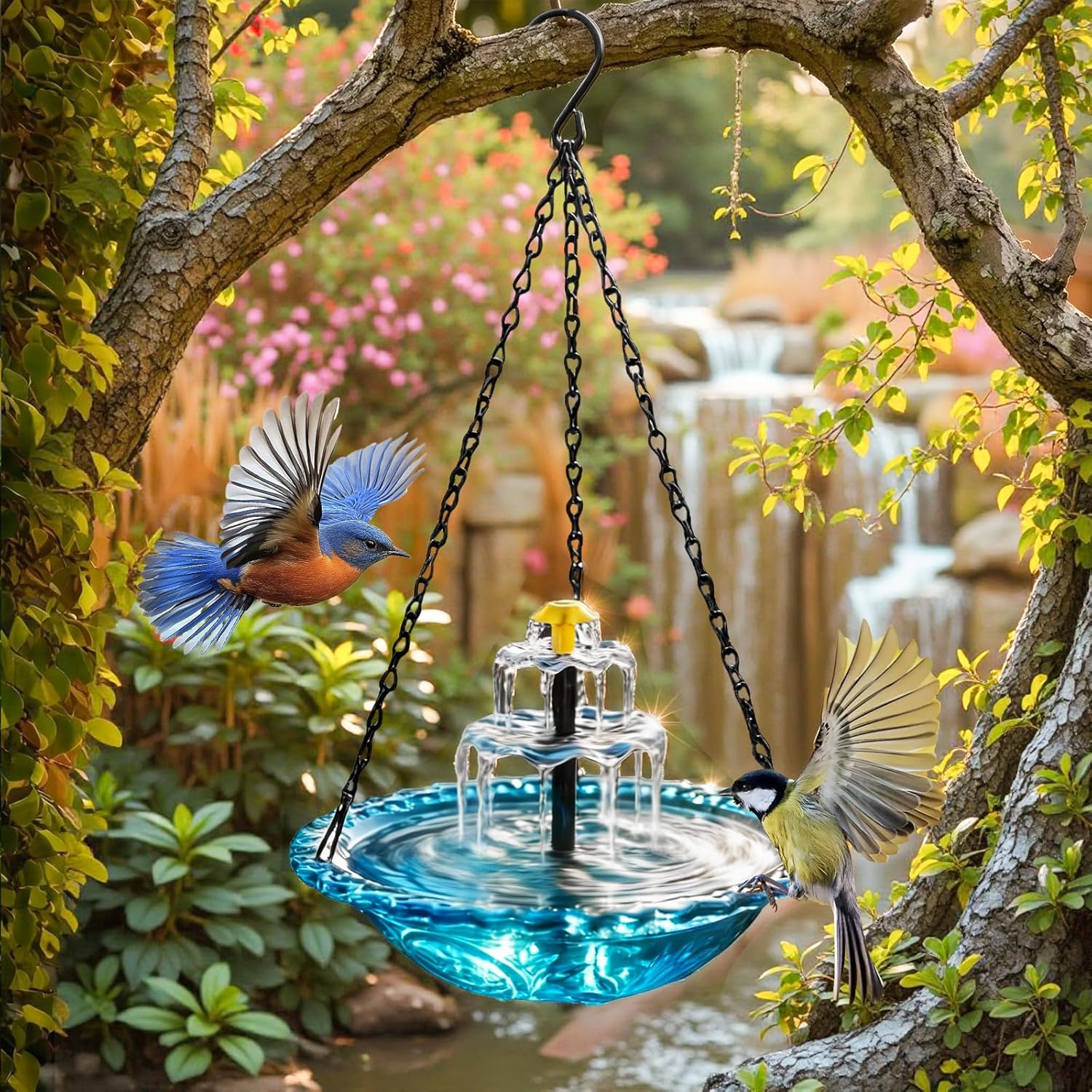 Solar Bird Bath Fountain Hanging – Solar Powered Outdoor Water Fountain for Birds,Hanging Bird Bath with Water, Easy Setup Garden Decor for Patio, Balcony, Backyard (Blue)