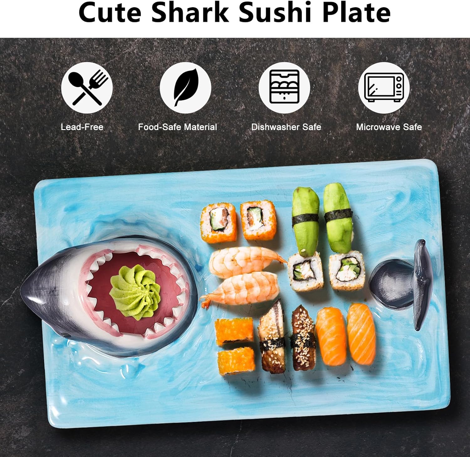 Djungelskog Shark Sushi Plate - Hand-Painted Ceramic - Lead-Free - Food-Safe Materials - Secure and Sturdy - Microwave/Oven/Freezer/Dishwasher Safe - Ideal Gift for Sushi Enthusiast (Rectangle)