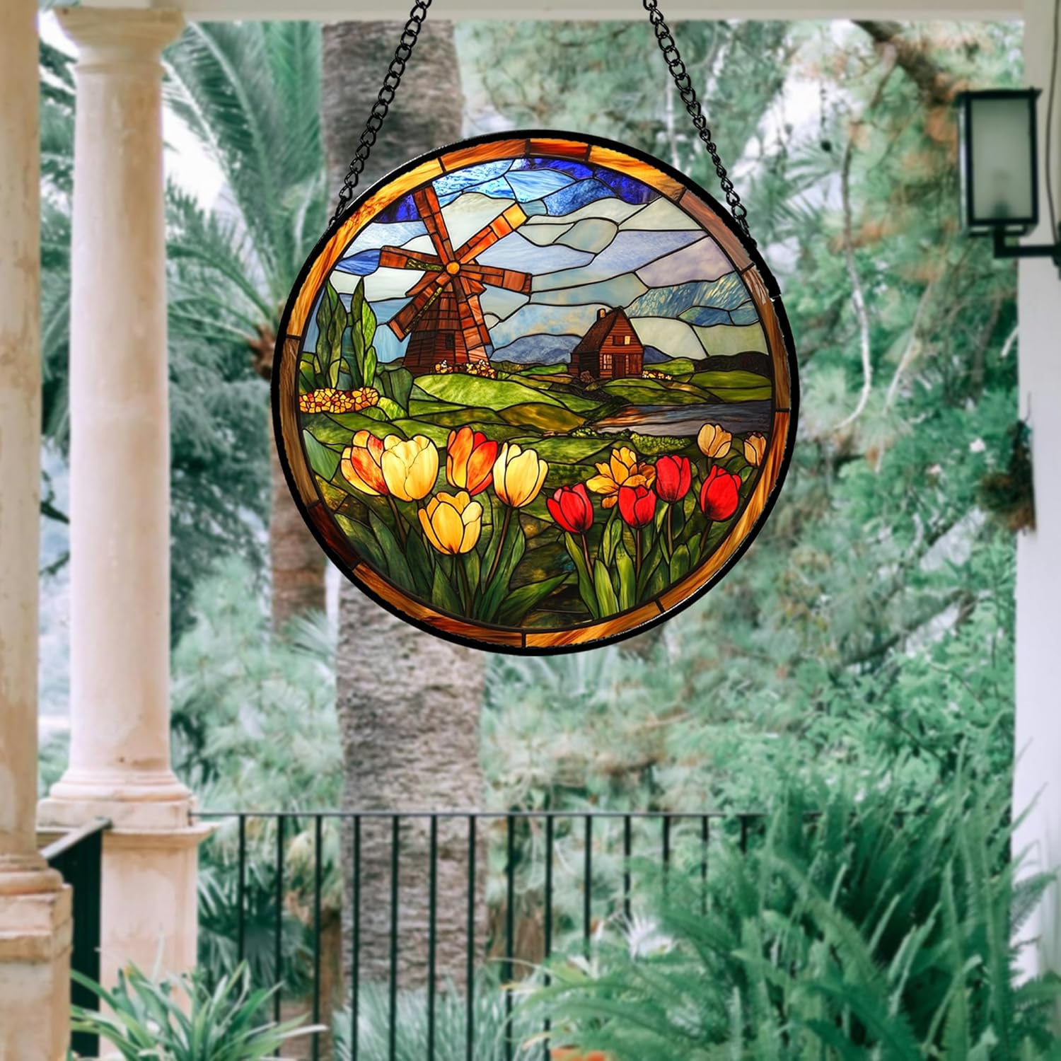 Stained Glass Window Hanging Tulip Windmill Farm Landscape 6.3" - Flower Suncatcher Door Garden Sun Catcher Decor Birthday Christmas for Mom Woman Nana Friend Wife