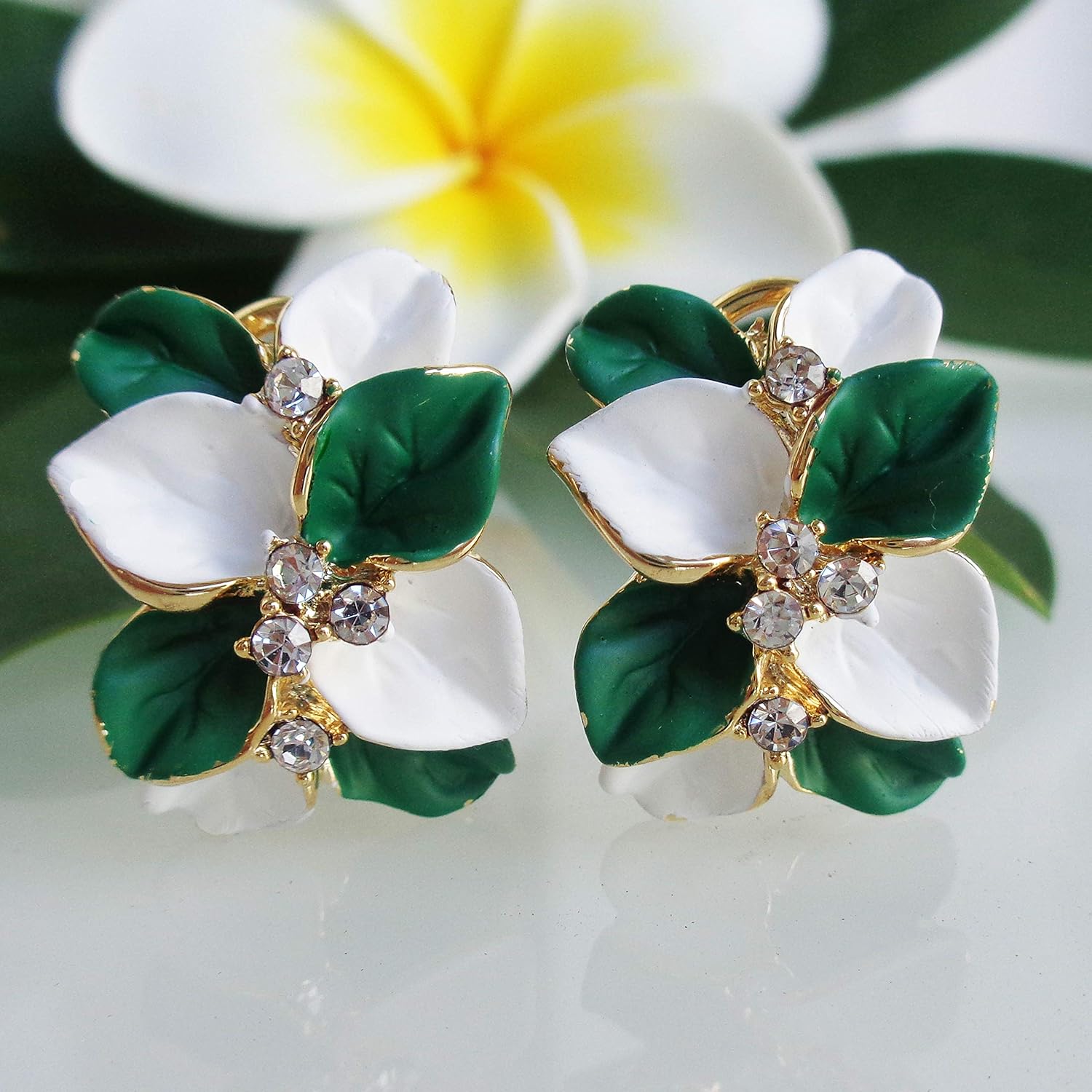 Navachi 18k Gold Plated White Crystal Double Enamel Leaves Flower Omega Back Earrings - Image 4