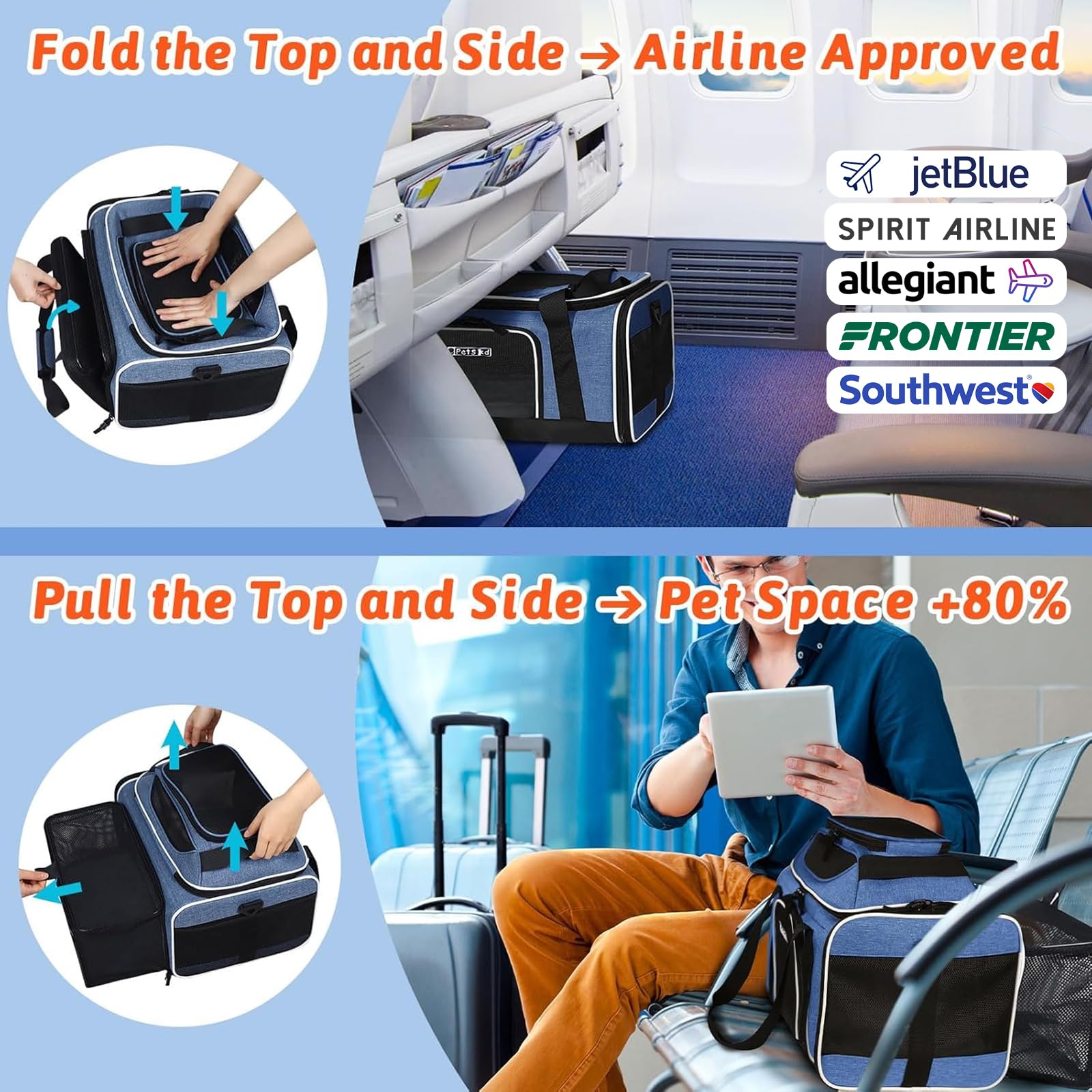 Petskd Top and Side Expandable Pet Carrier 17x12x8.5 Inches JetBlue Frontier Spirit Airline Approved, Soft-Sided Carrier for Small Cats and Dogs with Locking Safety Zippers and Anti-Scratch Mesh(Blue) - image 2