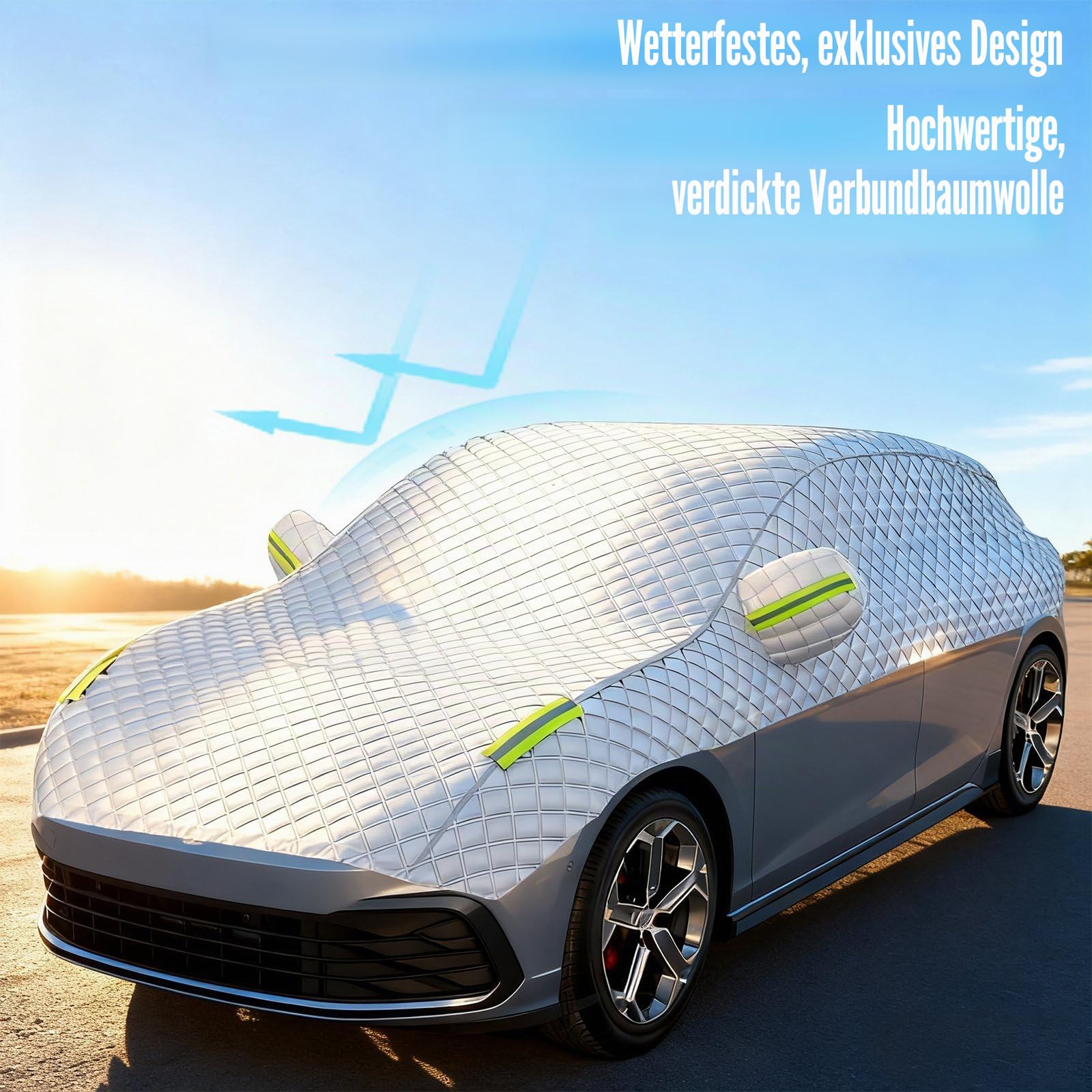 Blueshyhall Autoabdeckung Halbgarage Winter, 4-Lagige Verstärkte Hagelschutzplane Auto Abdeckplane Stoff Wasserdicht Windfest Schnee- Frost- Schutz, Halbabdeckung mit Spiegel und Haken (2,45x4,75 M)