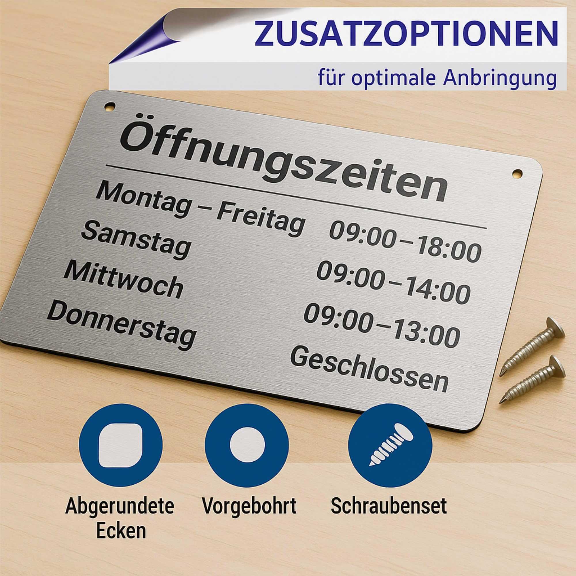 Indigos UG - Öffnungzeiten Schild Aluverbund 3mm Edelstahllook - Schilder selbst gestalten mit Wunschtext - 60x40 cm - wetterfestes Öffnungszeitenschild personalisierbar für Tür, Wand oder Gebäude