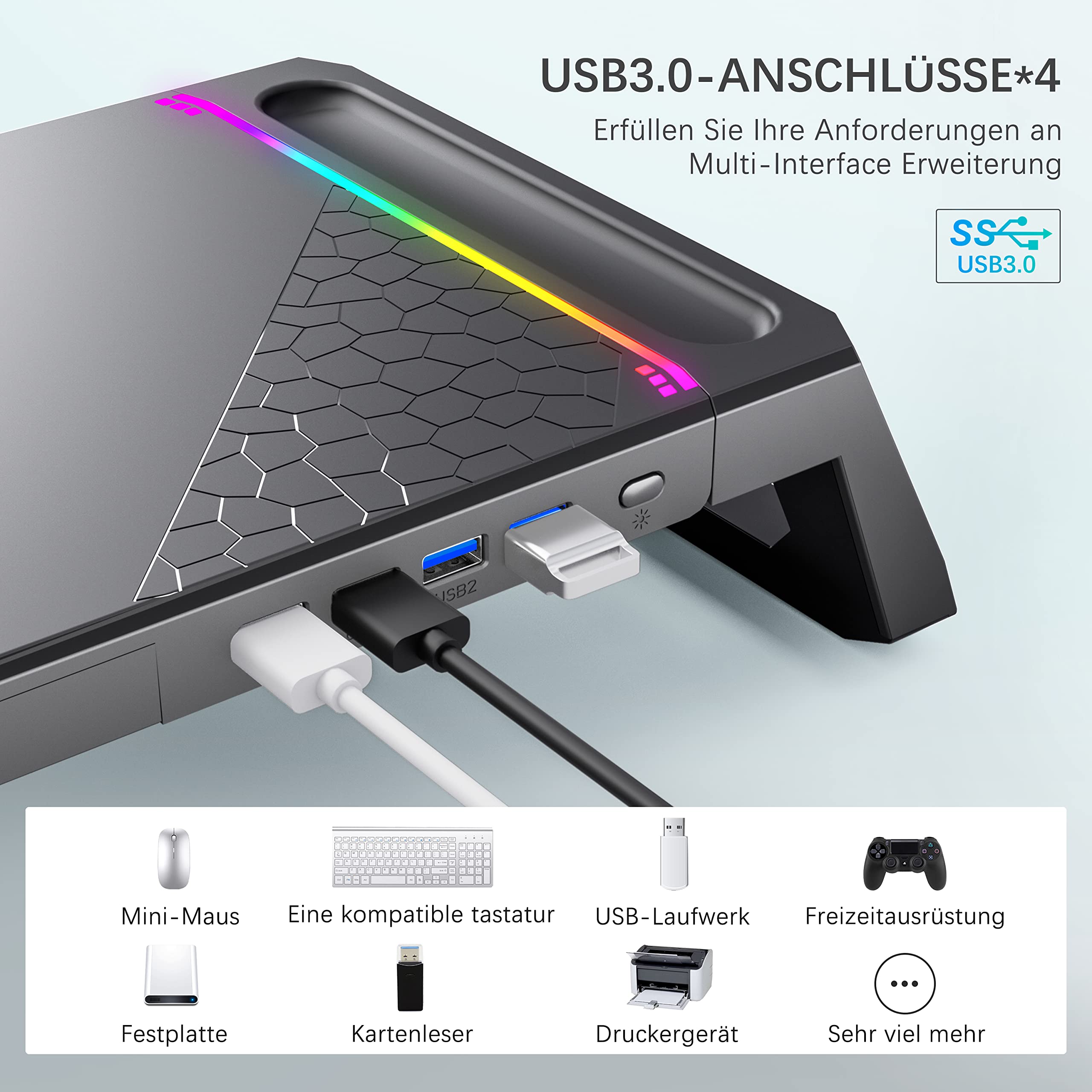 Supporto per monitor da scrivania per gaming con 4 hub USB 3.0 e luce RGB, monitor riser pieghevole computer con cassetto e portapenne, per PC/laptop/iMac - nero