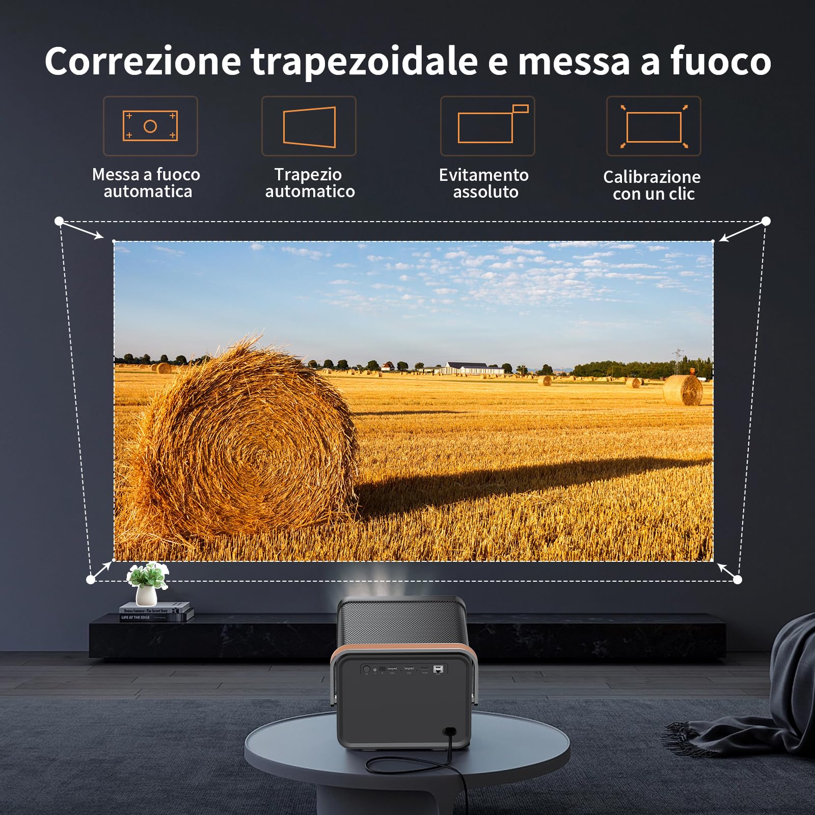 Proyector inteligente, proyector estéreo Cwowdefu 1080P con corrección trapezoidal automática, enfoque automático, función de evitación automática, funciones con WiFi 6, Bluetooth 5, compatible con iP