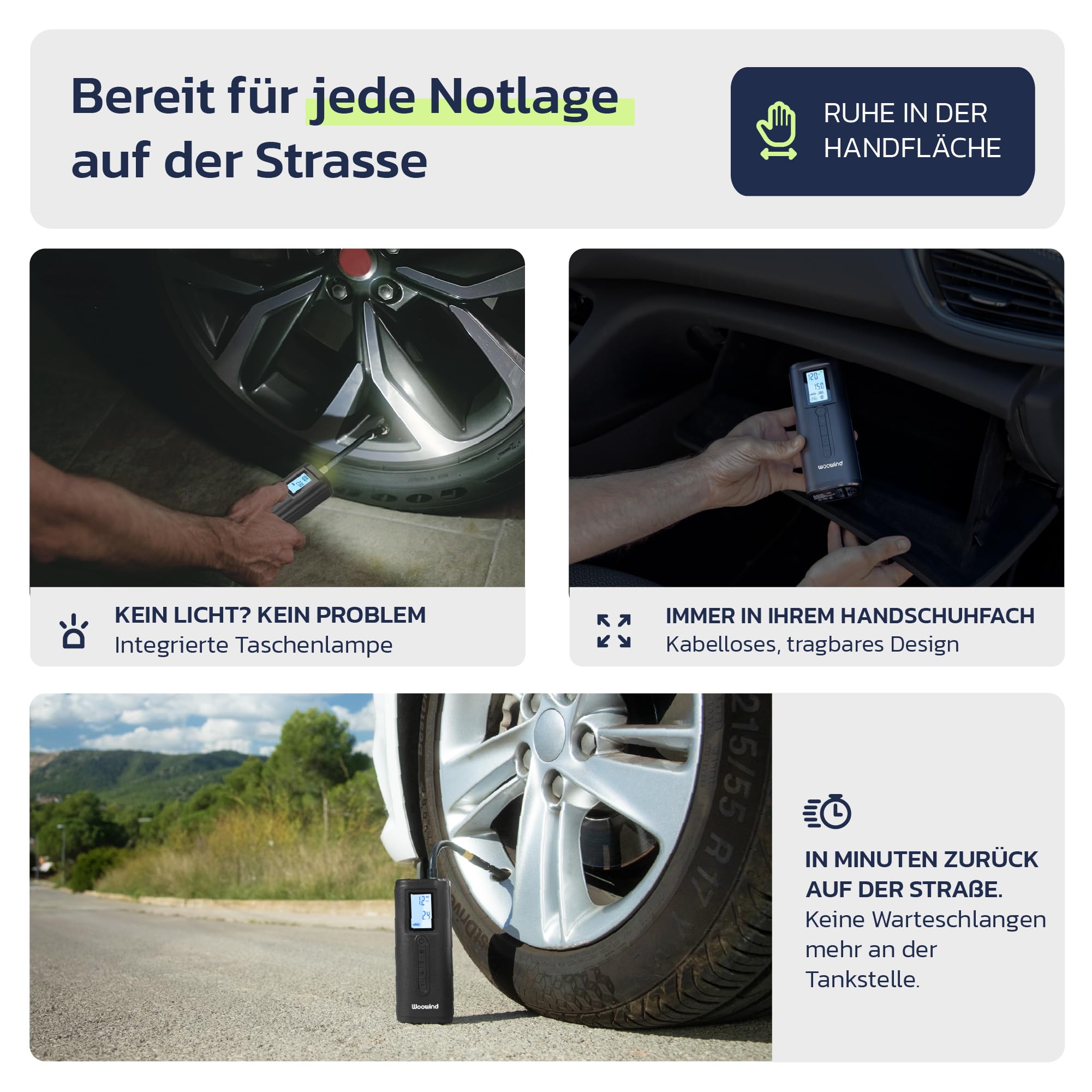 Woowind Akku Kompressor mit Powerbank, Auto Fahrrad Motorrad Bälle | Fahrradpumpe Elektrisch, Akku Kompressor, 2-Minuten-Aufpumpen, LCD-Display, LED-Licht