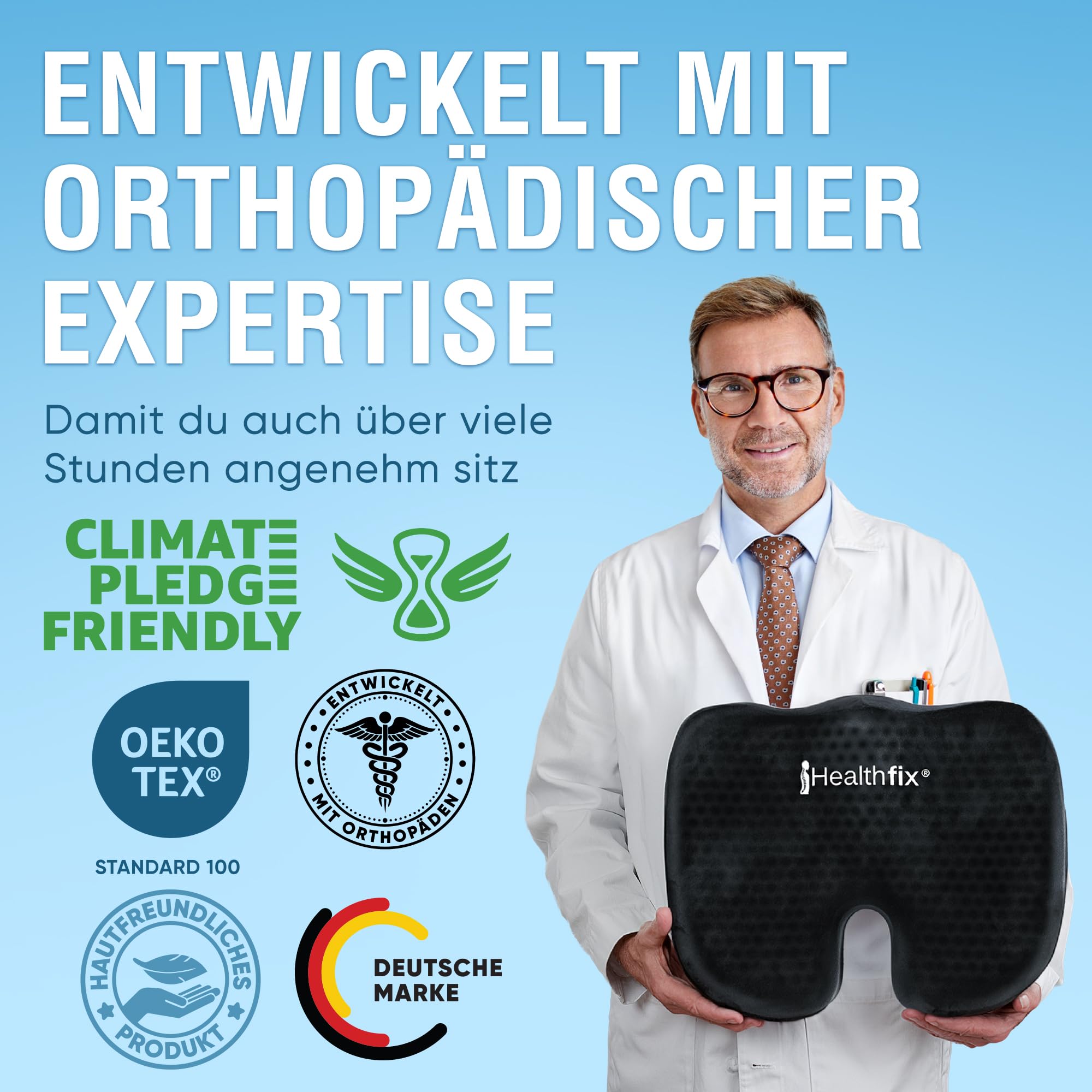 Healthfix Orthopädisches Sitzkissen Bürostuhl, Steißbein Entlastung mit Honeycomb-Layer und Veloursbezug, ergonomisches Sitzkissen für Büro Auto Zuhause, 45 x 36 x 7 cm (Schwarz)