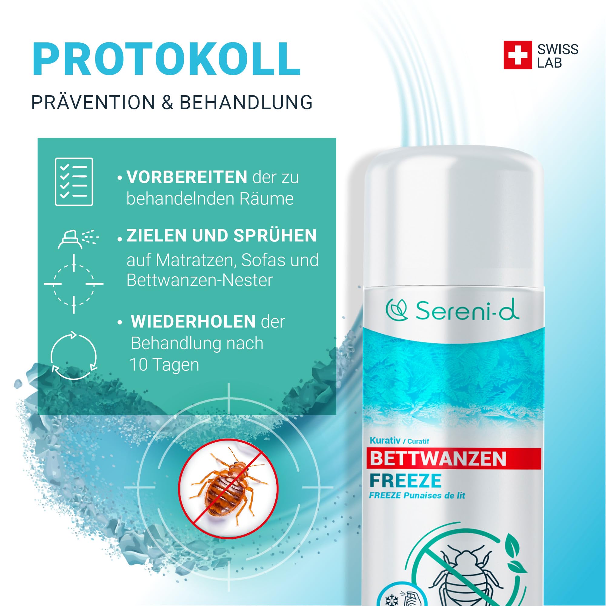 SERENI-D - Anti-Bettwanzen-Spray FREEZE – FREEZE-Aktion, sofort wirksam zur Bekämpfung von Bettwanzen - effektives Mittel gegen Bettwanzen – Swiss Lab