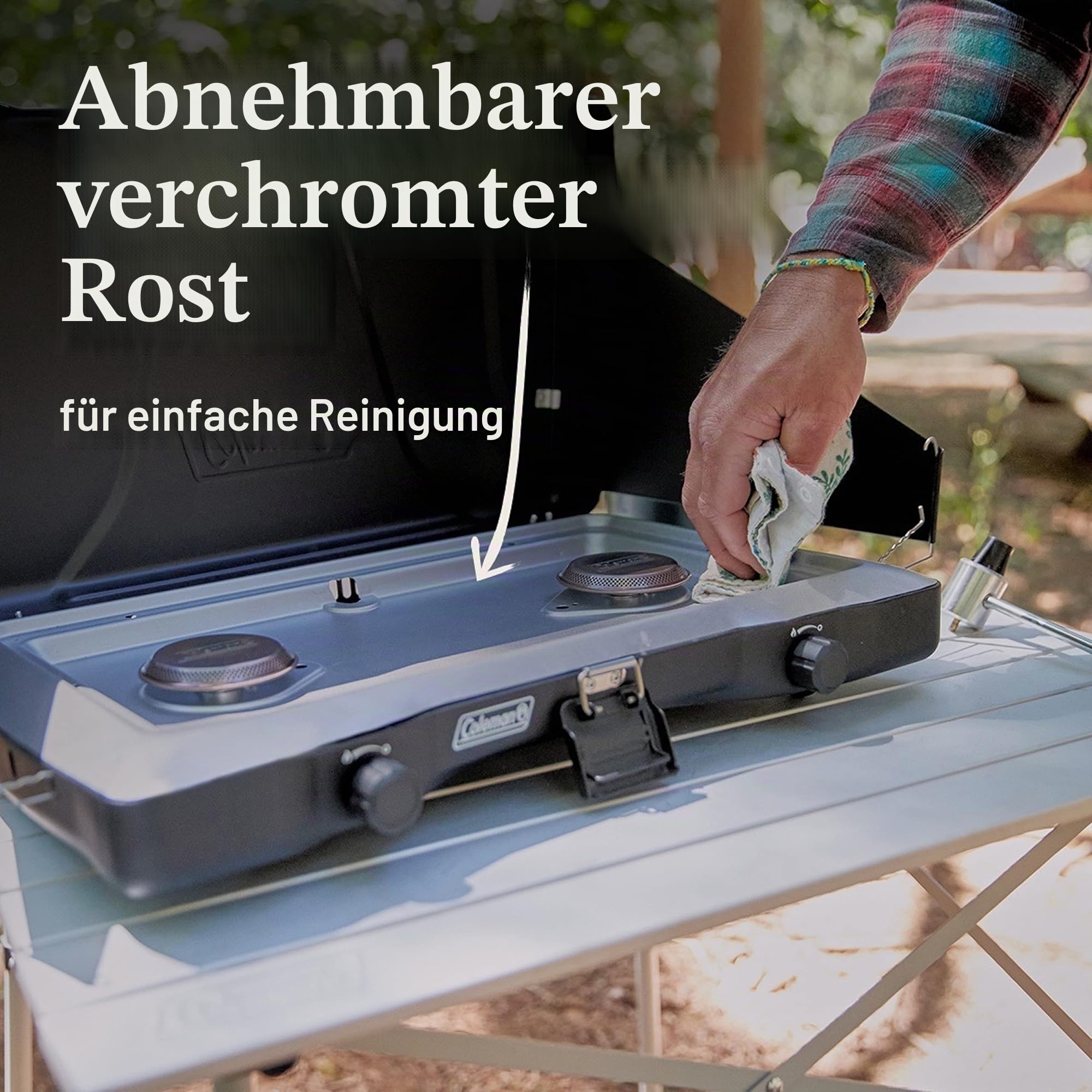 Coleman Triton 2-flammiger Propangas-Campingkocher, tragbarer Campinggrill/Herd mit verstellbaren Brennern, Windschutz, robuster Verriegelung und Griff, insgesamt 22.000 BTU Leistung