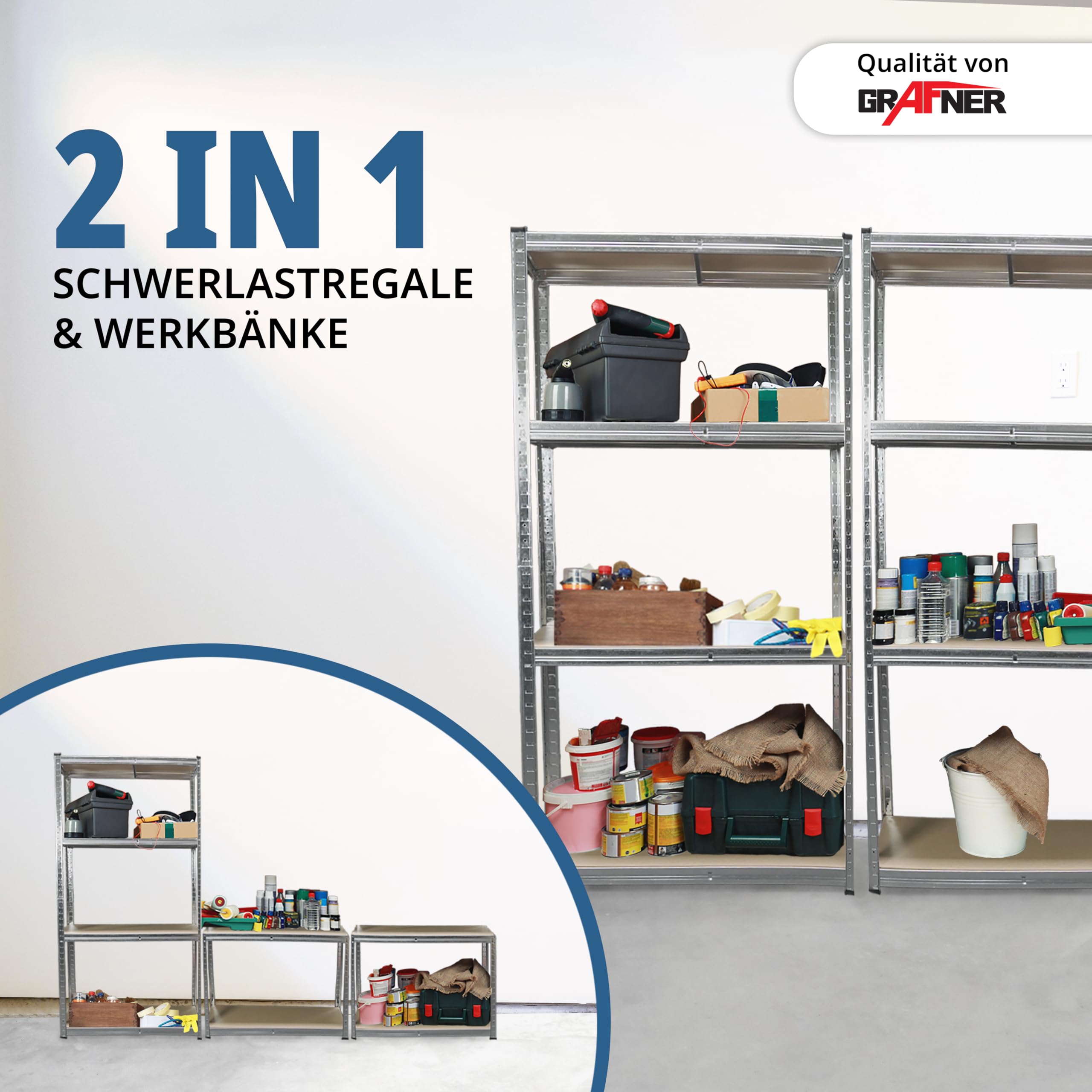 Grafner Doppel Schwerlastregal 2er Set mit 8 Böden aus MDF, maximale Belastung 1400 kg, abgerundete Ecken, 160x160x40 cm, Doppelpack Steckregal, Lagerregal Kellerregal