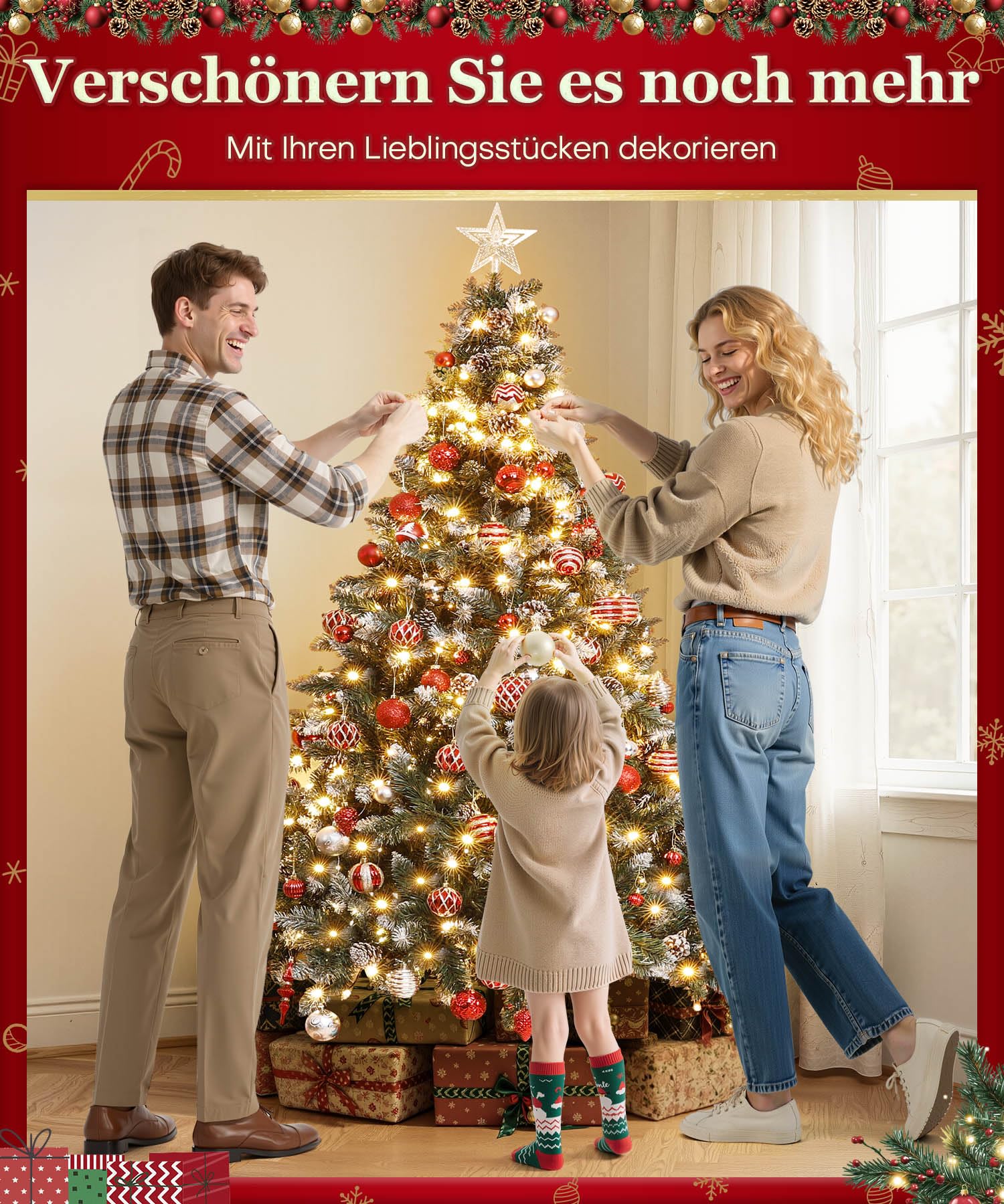 Yorbay künstlicher Weihnachtsbaum mit Beleuchtung und weißem Schnee, LED Tannenbaum für Weihnachten-Dekoration mit echten Tannenzapfen, Feuerbeständig (210CM)