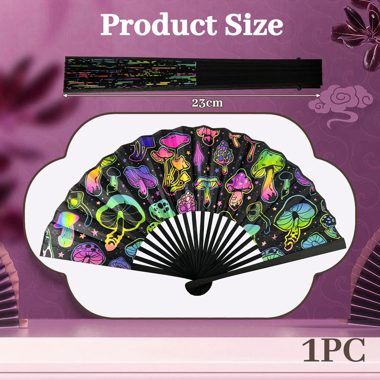 Abanico Plegable para Adultos, Abanico Rave Premium, Abanico de Mano para Fiestas, Disco, Playa, Drag Queen, Regalo Accesorio Rave (patrón de Hongos)