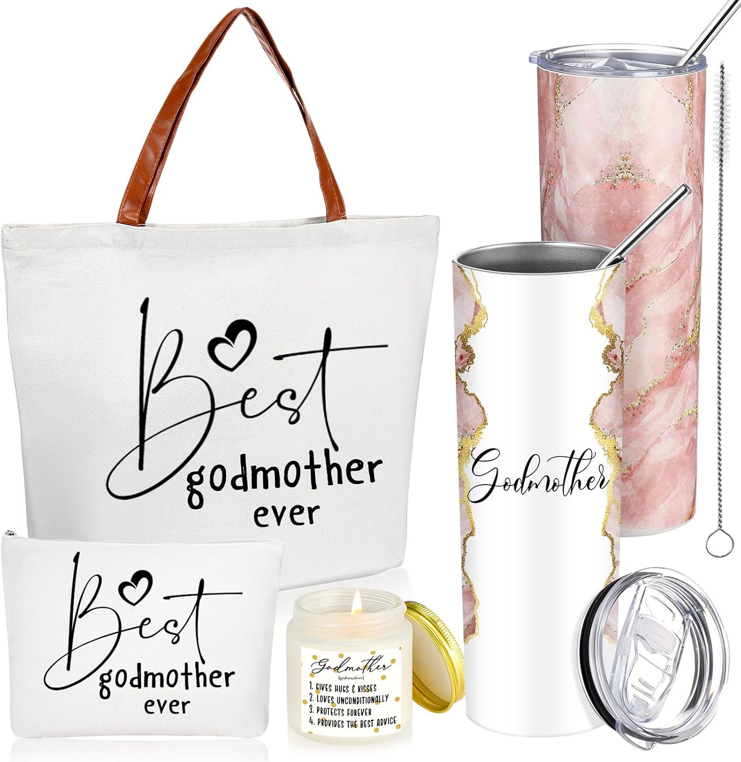 Domensi 4 Pack Godmother Proposal Gifts Set Mother Day Included 20oz Stainless Steel Tumbler Cup with Straw and Lid Best Godmother Ever Gift Tote Bag Makeup Bag Scented Candle Mom Gifts(Pink)