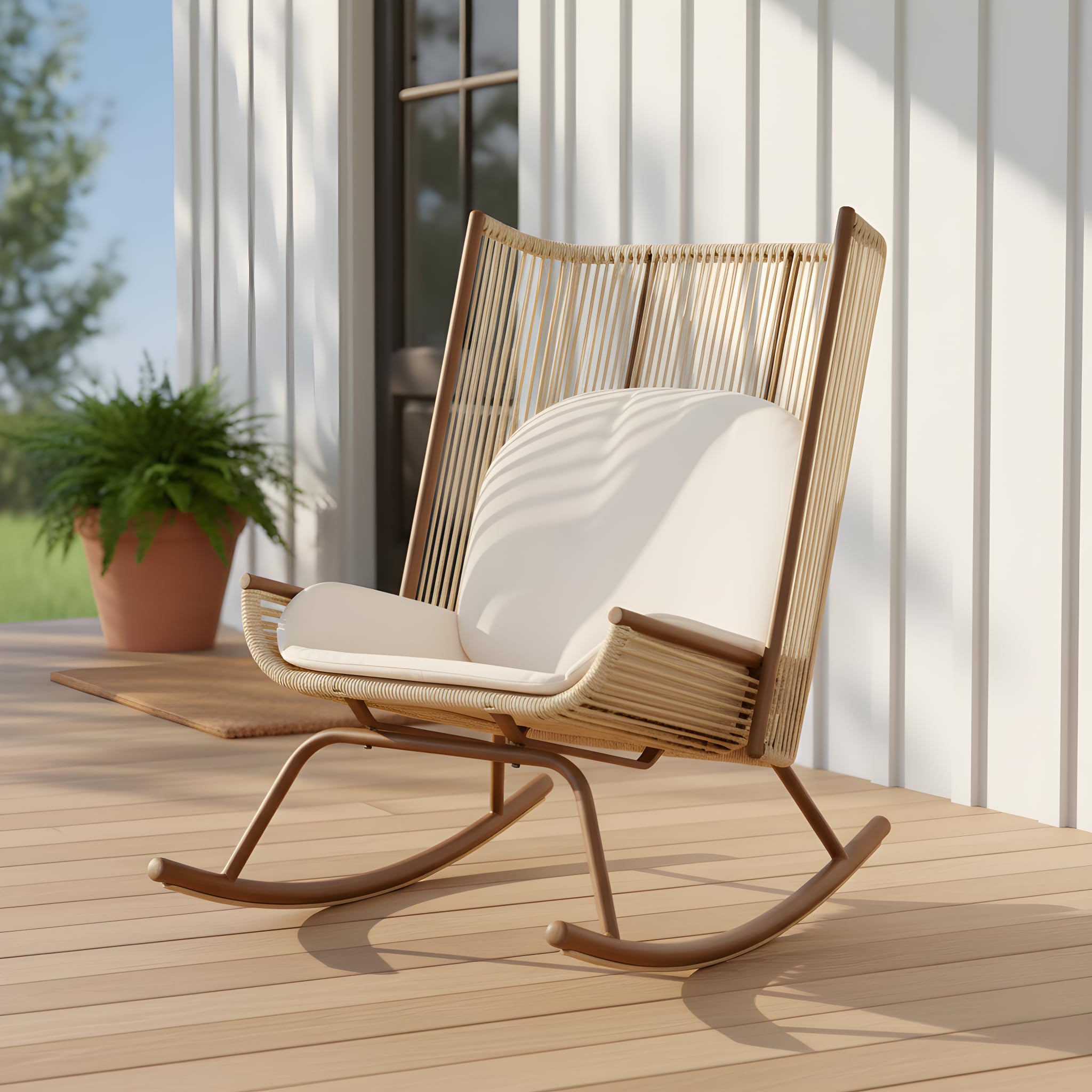 Photo 1 of Christopher Knight Home Lumin Outdoor Rocking Chair, High Back PE Rattan Wicker Rocker with Metal Frame, Rocking Chair with Cushion, Comfort Rocker with Ergonomic Design for Patio or Lounge, Beige