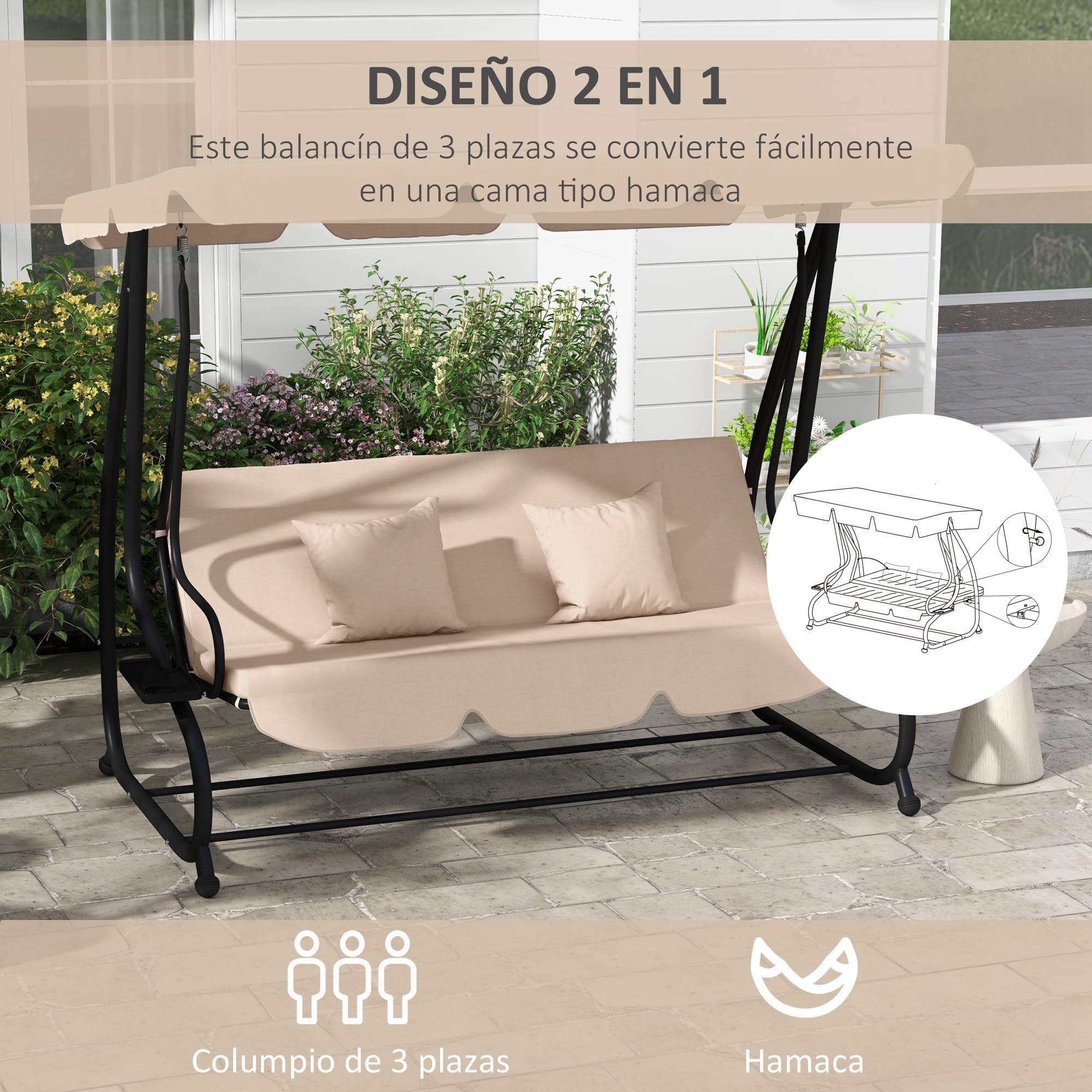 Outsunny Balancín de Jardín Exterior de 3 Plazas Columpio de Jardín Exterior Convertible en Cama 2 en 1 con Toldo Ajustable Soportes Laterales y 2 Almohadas Carga 340 kg 200x120x164 cm Arena