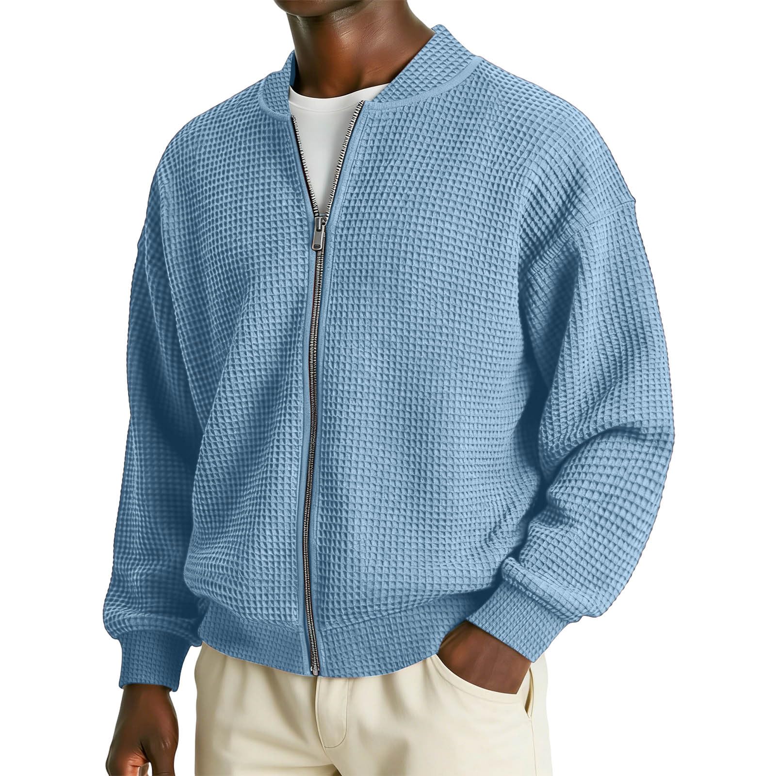 Cárdigan Casual Cremallera Integral para Hombre Cuello Alto Punto Acanalado Chaqueta Sudadera Primavera Verano