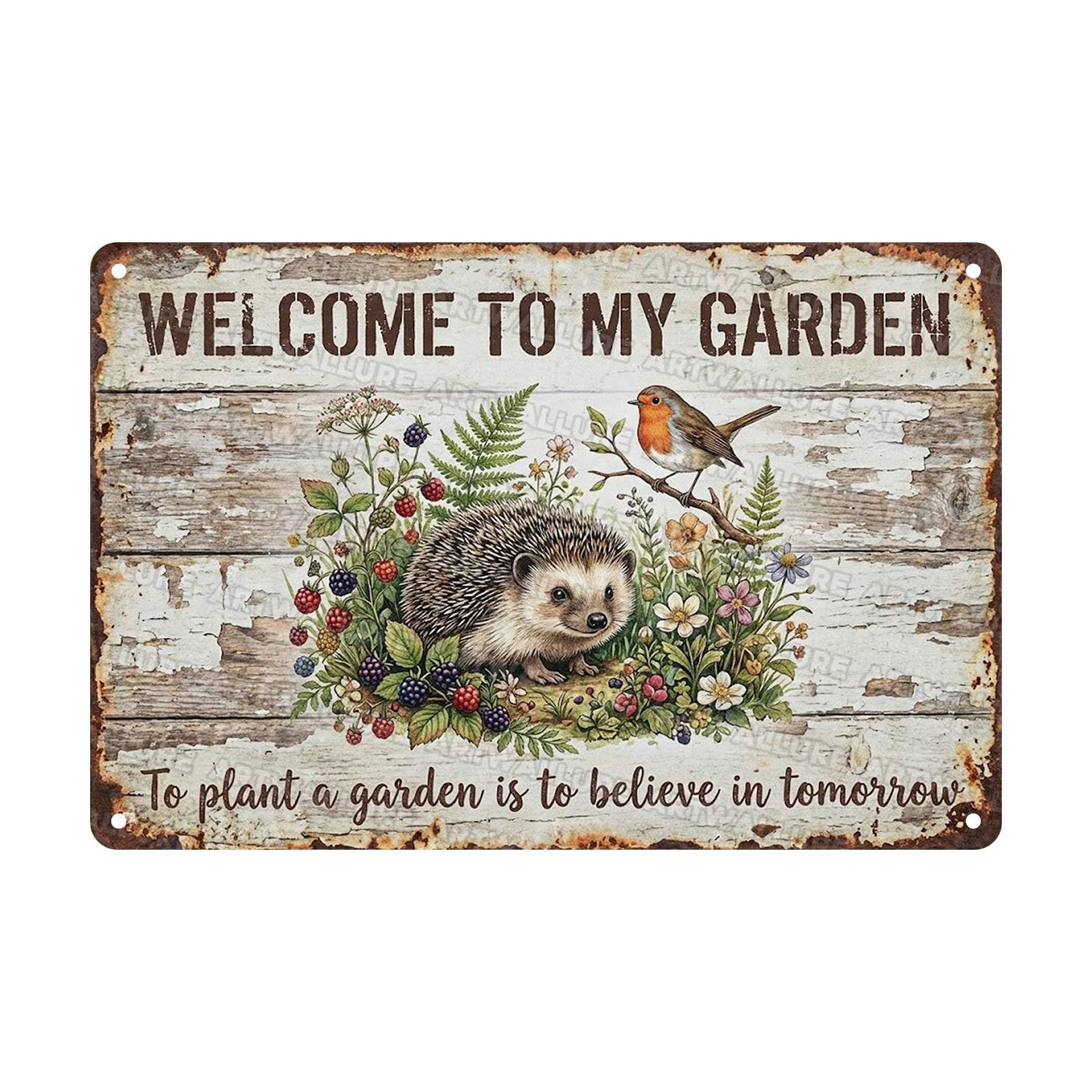 Hedgehog Robin Garden Welcome Sign Shabby Chic Wood Look Metal Tin Woodland Animal Wall Art To Plant a Garden is to Believe in Tomorrow Sign for Country Home Shed Backyard Gate 8x12Inch