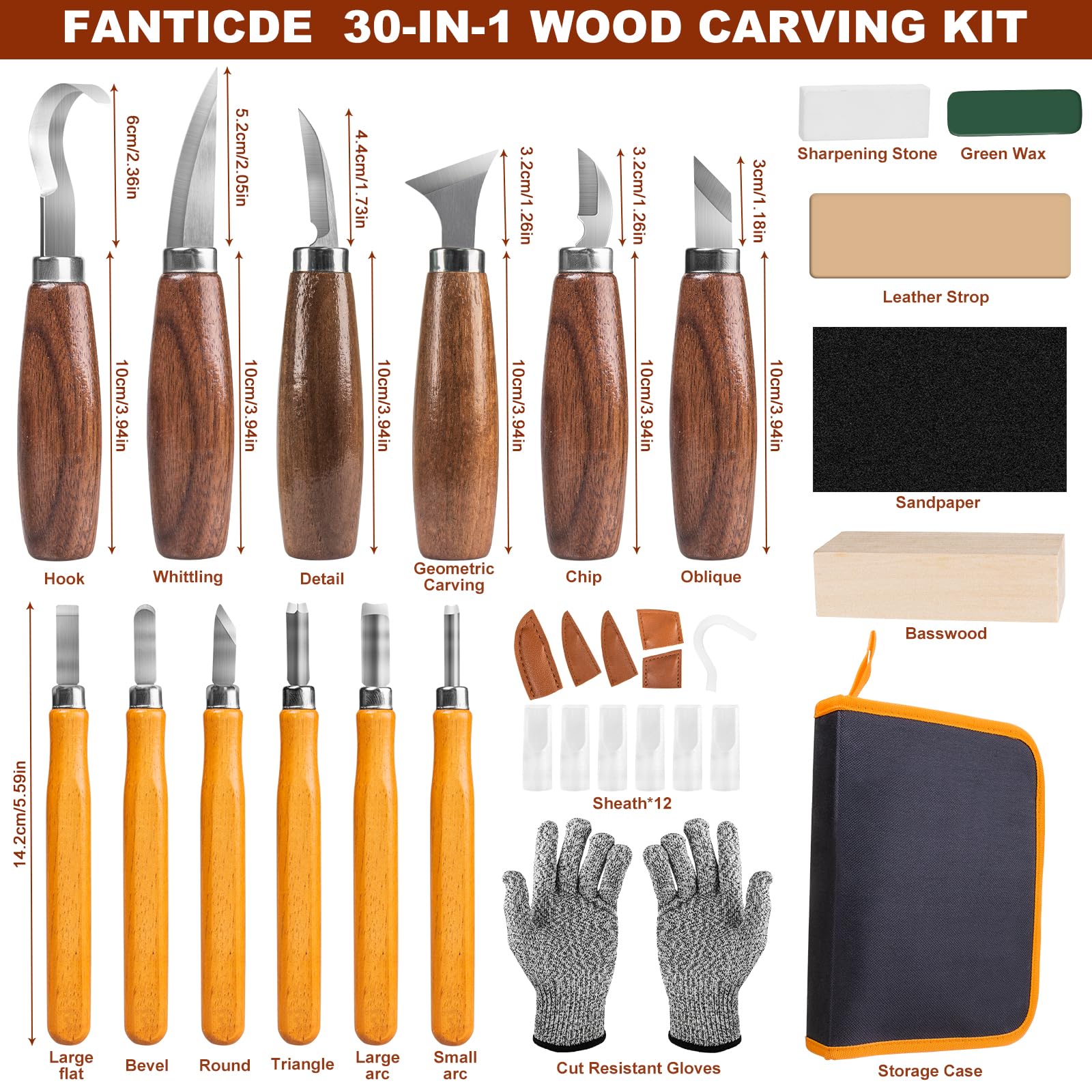 Ciseaux à Bois,30 in 1 Outils de Sculpture bois,Outillage Bois avec 12 Couteau Sculpture bois,Professionnel/Junior Outil de Ciseaux a Bois Kit DIY avec Gants anti-coupure,Pierres à Aiguiller