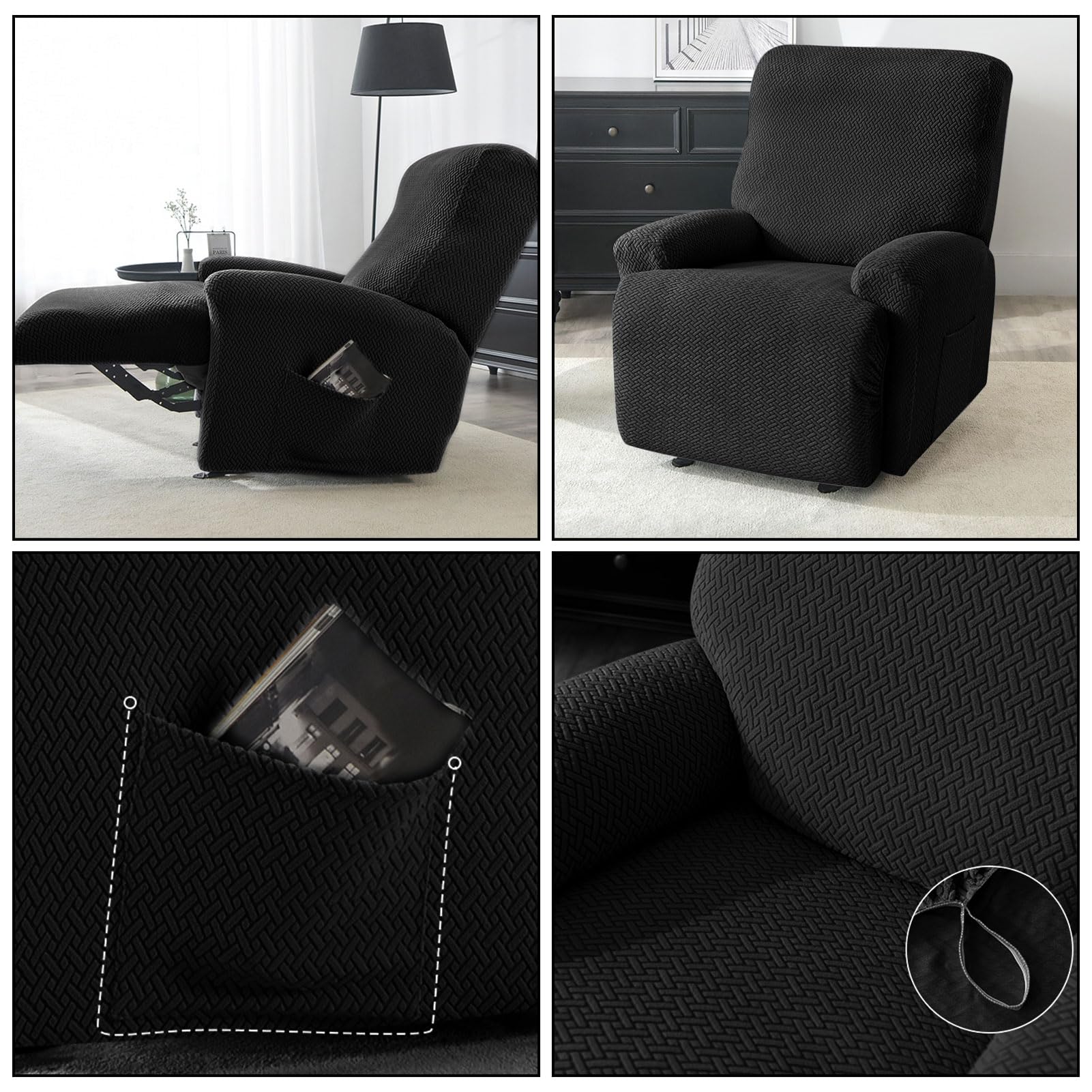 Coprisedia in 4 pezzi, coprisedia completa per poltrona relax, coprisedia per poltrona TV, coprisedia completa, fodera elasticizzata per poltrona con tasche (Nero-singolo sedile)