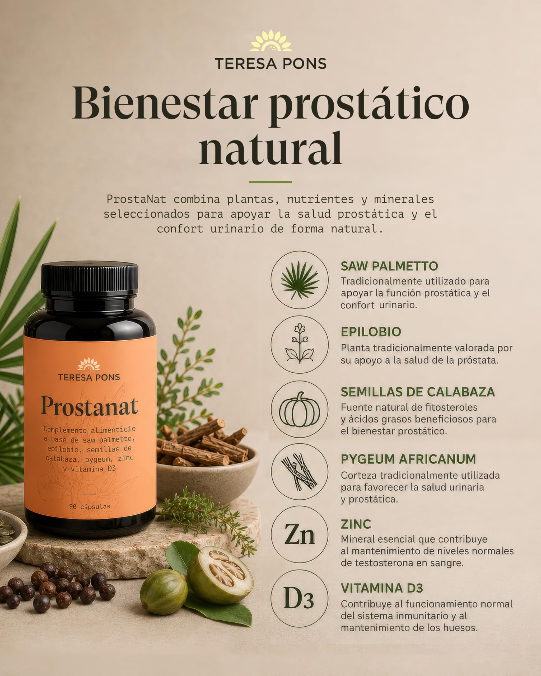 ProstaNat | Salud prostática y confort urinario | Saw Palmetto, Epilobio, Semillas de Calabaza, Pygeum, Zinc y Vitamina D3 | 90 cápsulas vegetales