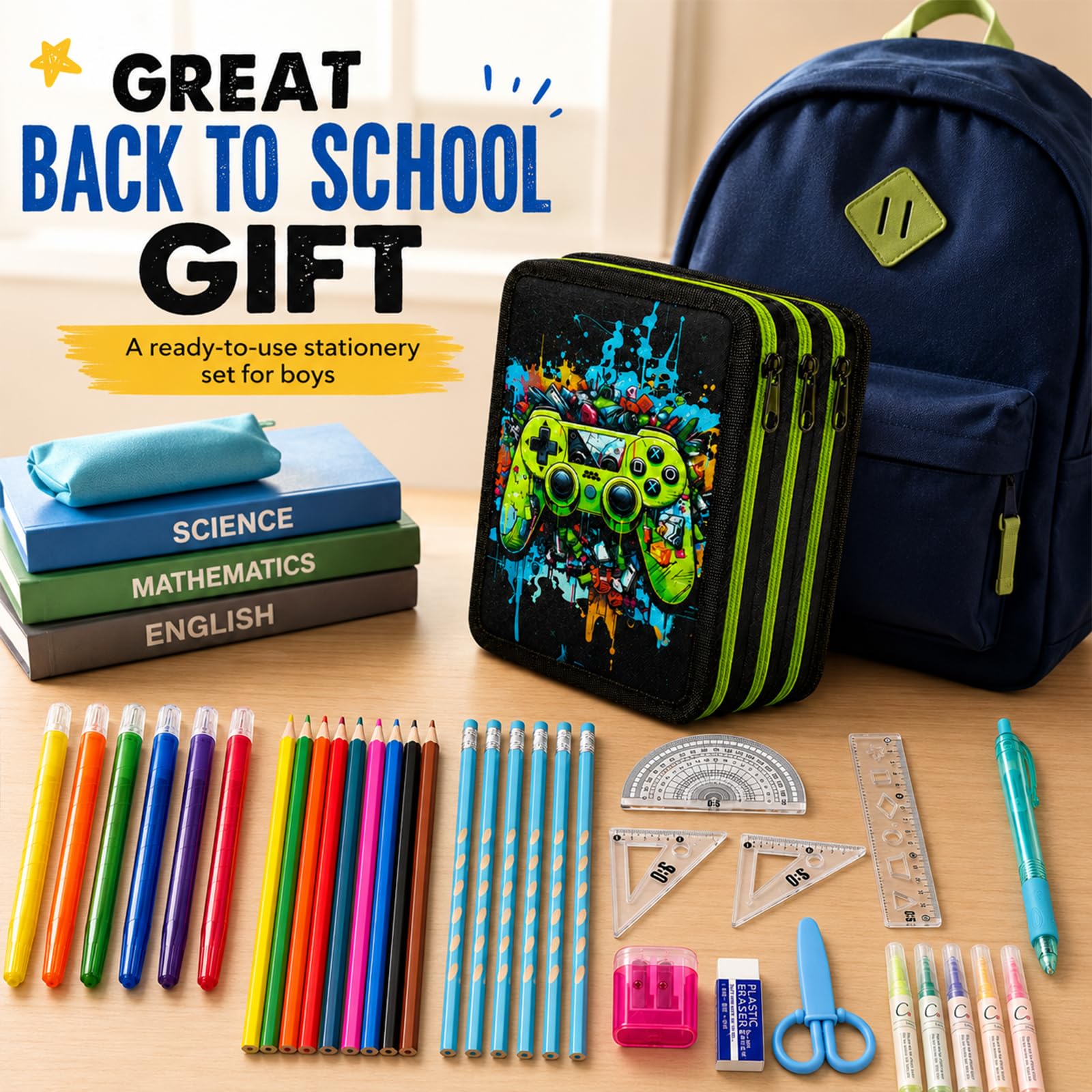 41 Artikel Federmäppchen 3 Fach Jungen, Federmappe Jungen Set, Federmäppchen 3 fächer, federtasche 3 fächer, Mäppchen Jungs, Einschulung Geschenk, Reißverschluss Schulbedarf(Schwarz Grün)