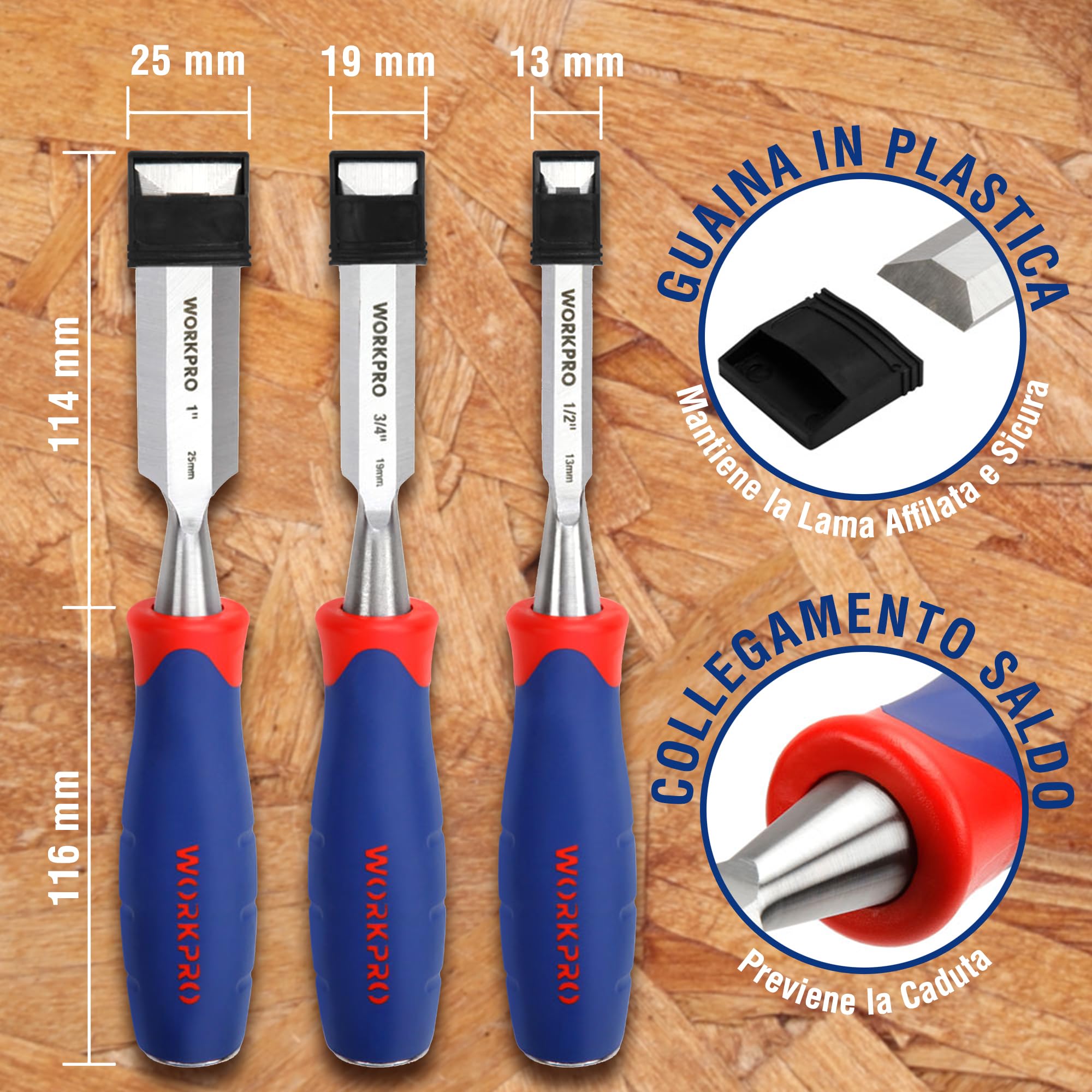 WORKPRO Set Scalpelli per Legno 3 Pezzi da Falegname in Cr-V 230mm
