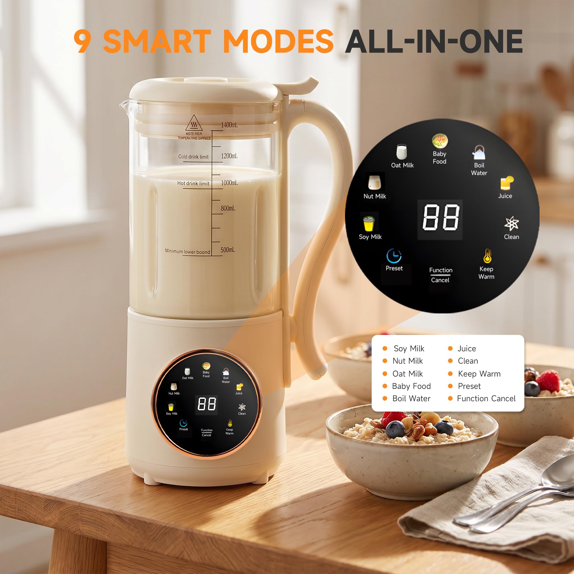 Nussmilchmaschine 1.4L, Automatischer Nussmilchbereiter, Pflanzenmilchbereiter, Hafermilch Maschine LED-Display, Entsafter Sojamilch Maschine für Selbstgemachte Pflanzenmilch, Hafer, Mandelmilch