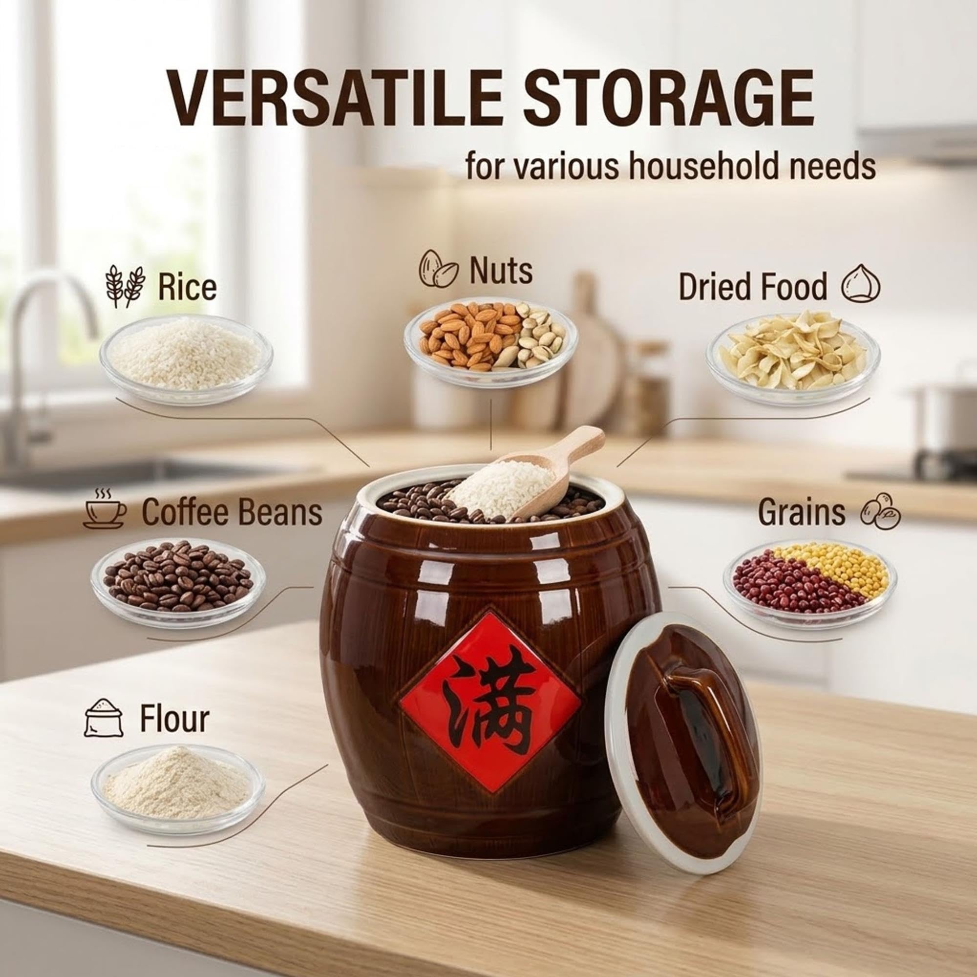 Barattolo Ceramico Vintage per Riso,Contenitore Ermetico per Cereali Cucina