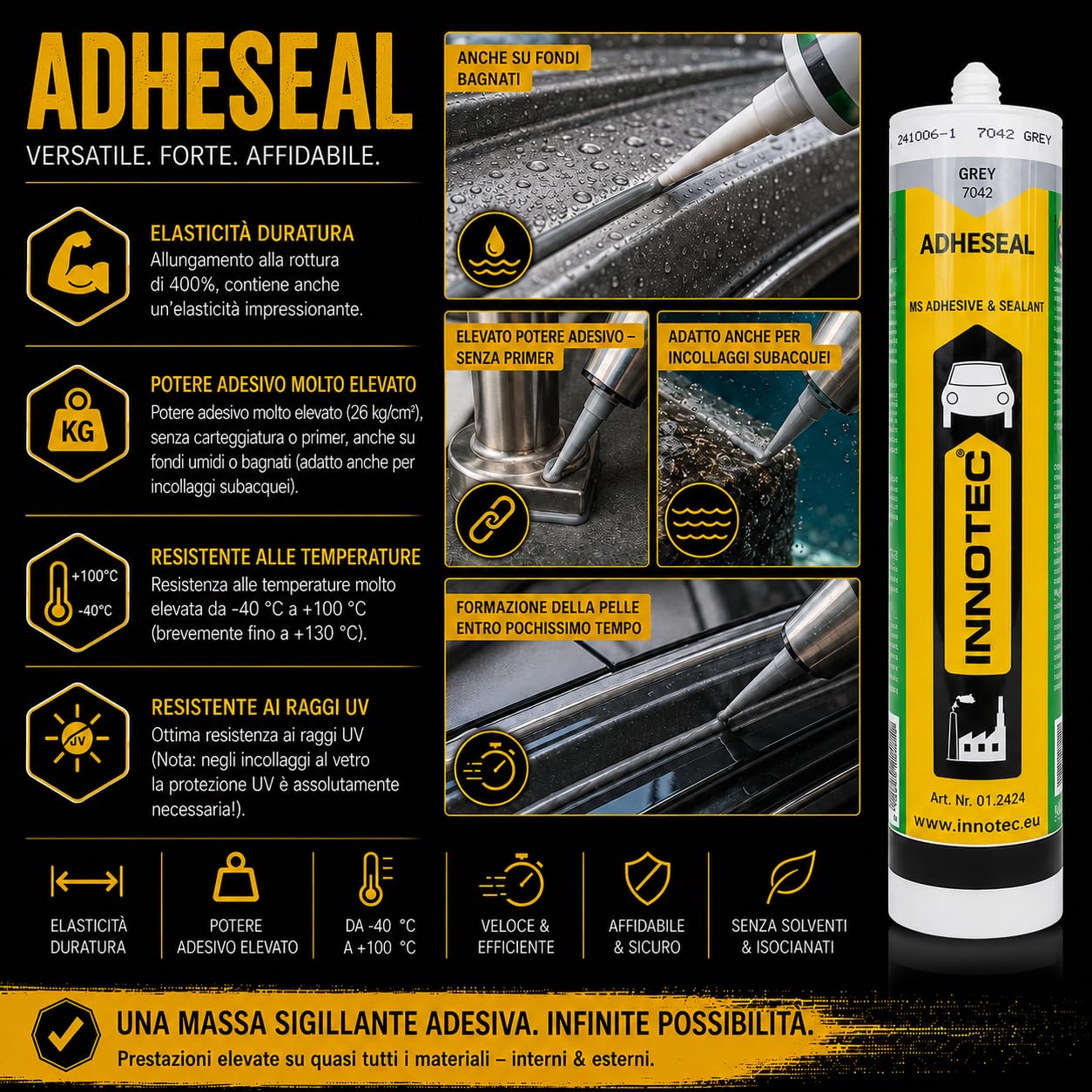 2 pezzi Innotec Adheseal Grigio adesivo e sigillante a base di polimeri MS – Aderente anche a materiali delicati – Verniciabile bagnato – 290 ml Adheseal sigillante elastico permanente
