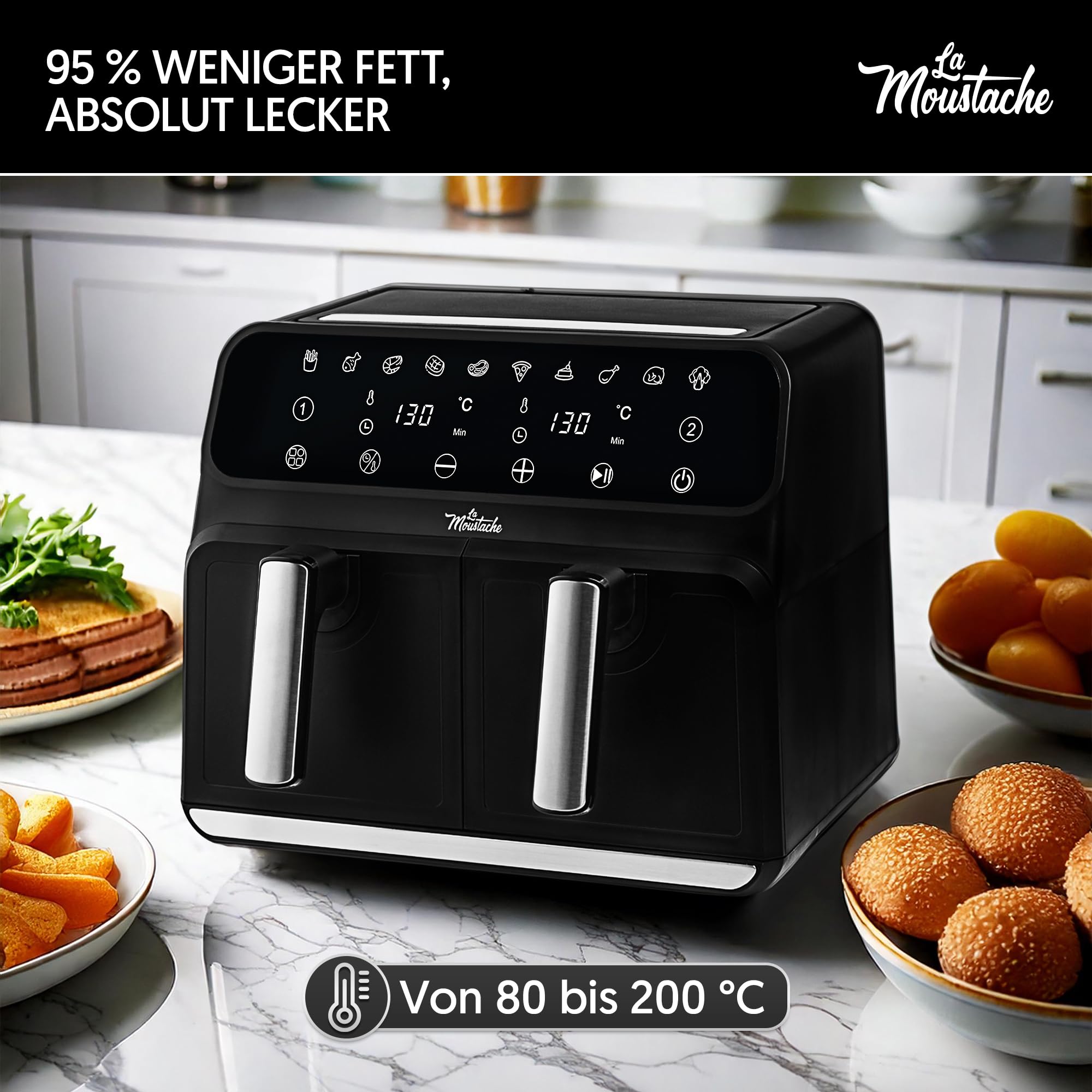 La Moustache - Heißluftfritteuse XXL, 2 Fächer, 8L Inklusive【E-Book mit 50 Rezepten】6 Kochfunktionen, 10 Programme, Air Fryer mit Antihaftbeschichtung, Max 220°C, Timer, 1700W (DuoFry Black)