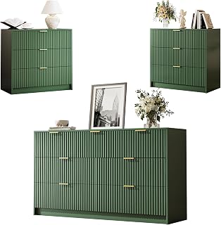 3-Piece Dresser Bedroom Set, 7 Drawer Dresser & 3 Drawer Nightstands with Gold Handles, Fluted Wood Chest of Drawers for Bedroom, Living Room, Entryway, Green