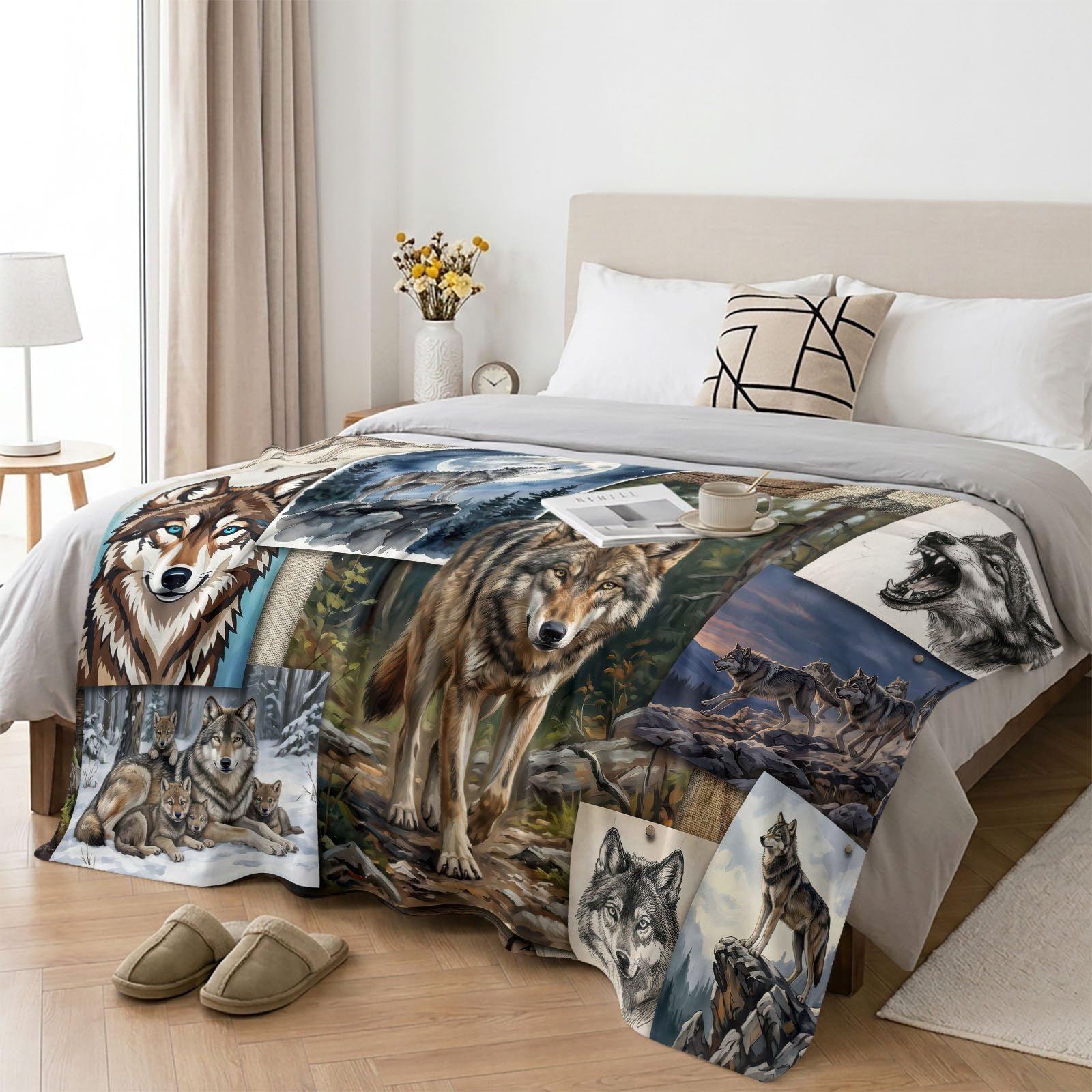 Koc narzuta, zwierzę, naturalny koc polarowy typu sherpa 180 x 200 cm, puszysty, miękki, ciepły, z nadrukiem 3D, koc flanelowy, narzuta na łóżko, sofę, kanapę, krzesło, do biura, wilk, księżyc