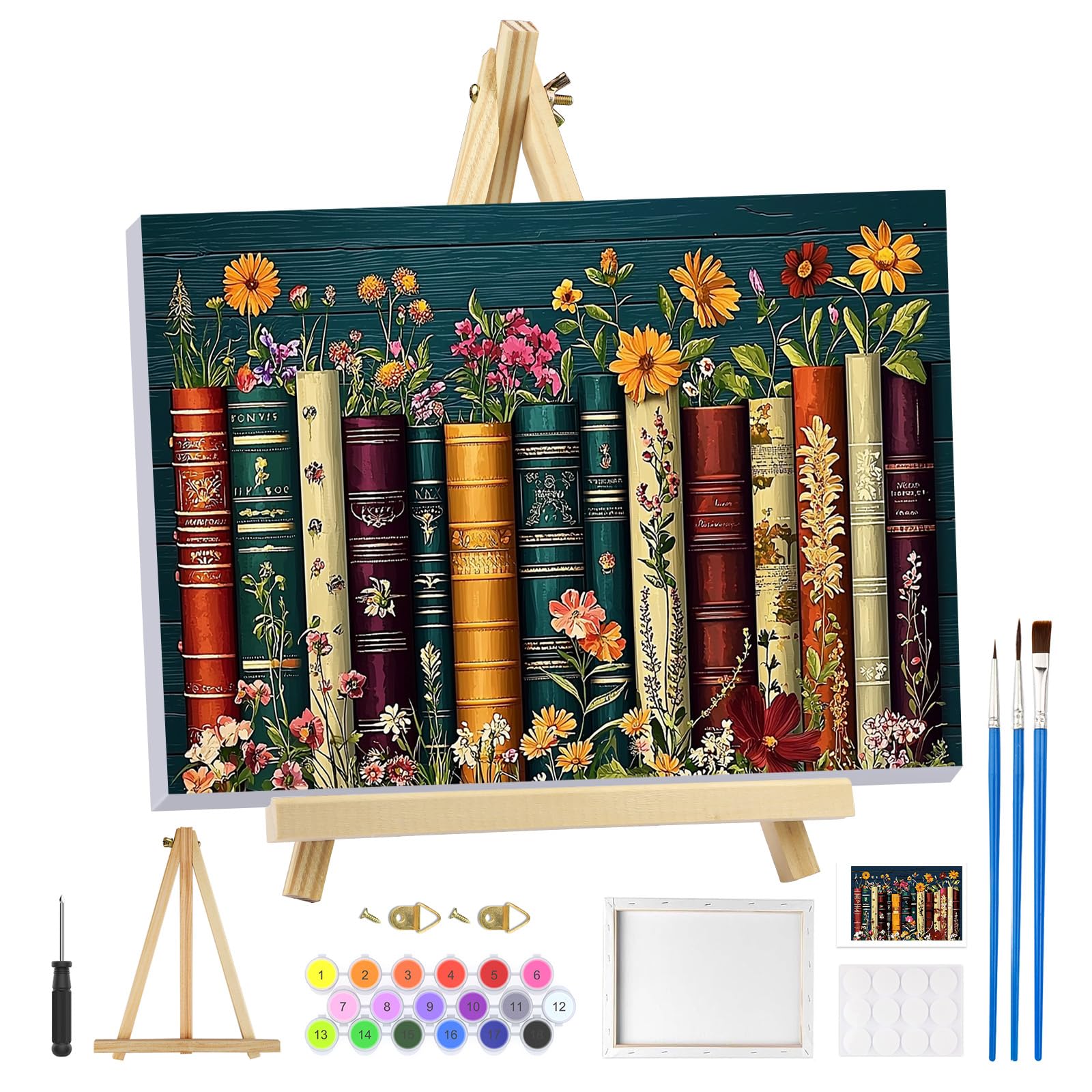 BOWETILE Roze bloemen schilderen op nummer voor volwassenen met ingelijst canvas en houten ezel, schilderen op nummer kit voor volwassenen beginners canvas kit, doe-het-zelf acryl pigment tekening